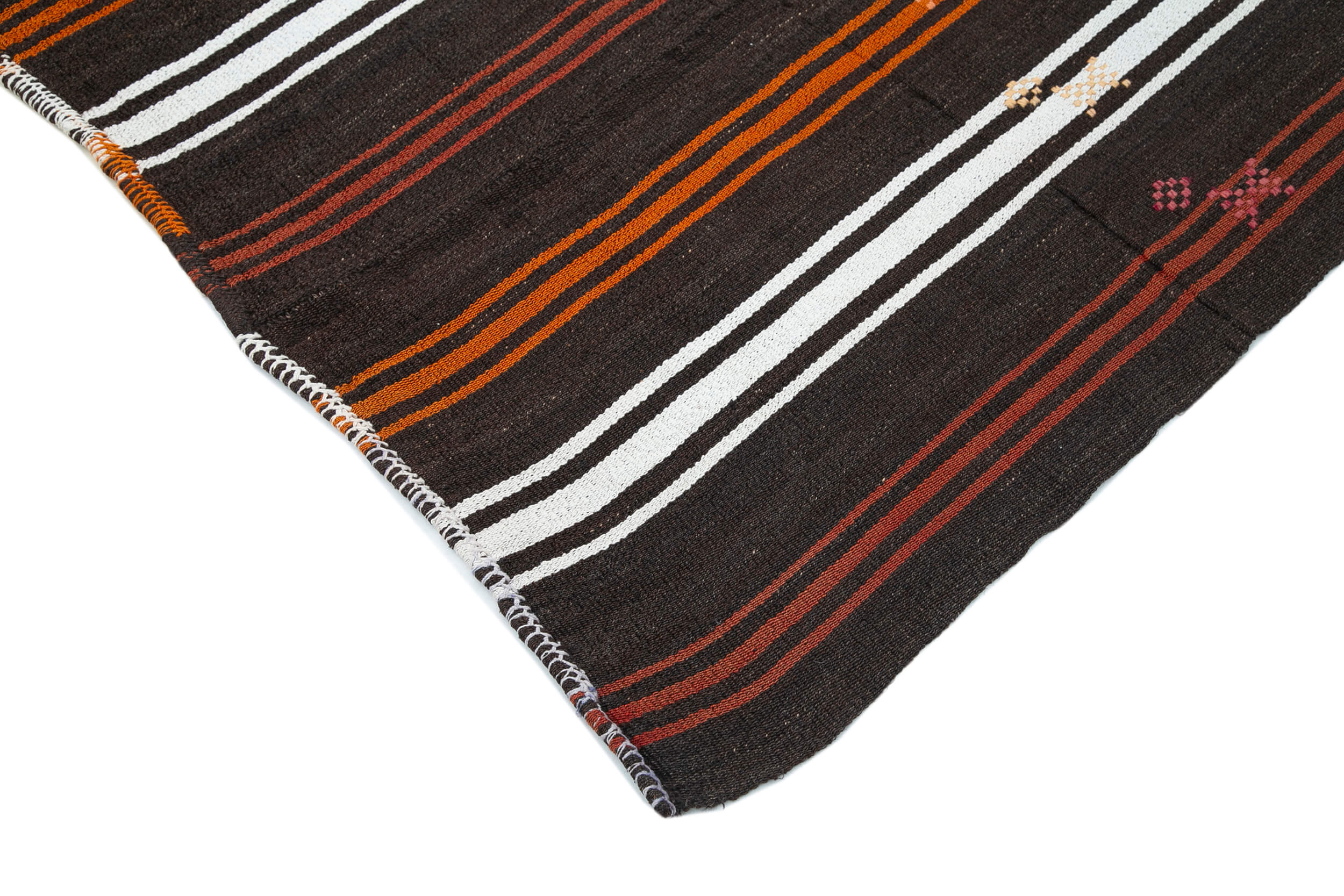 Handmade Striped Kilim Rug - Vintage Area Rug 7x9 Feet | Brown Goat Hair, Turkish Wool