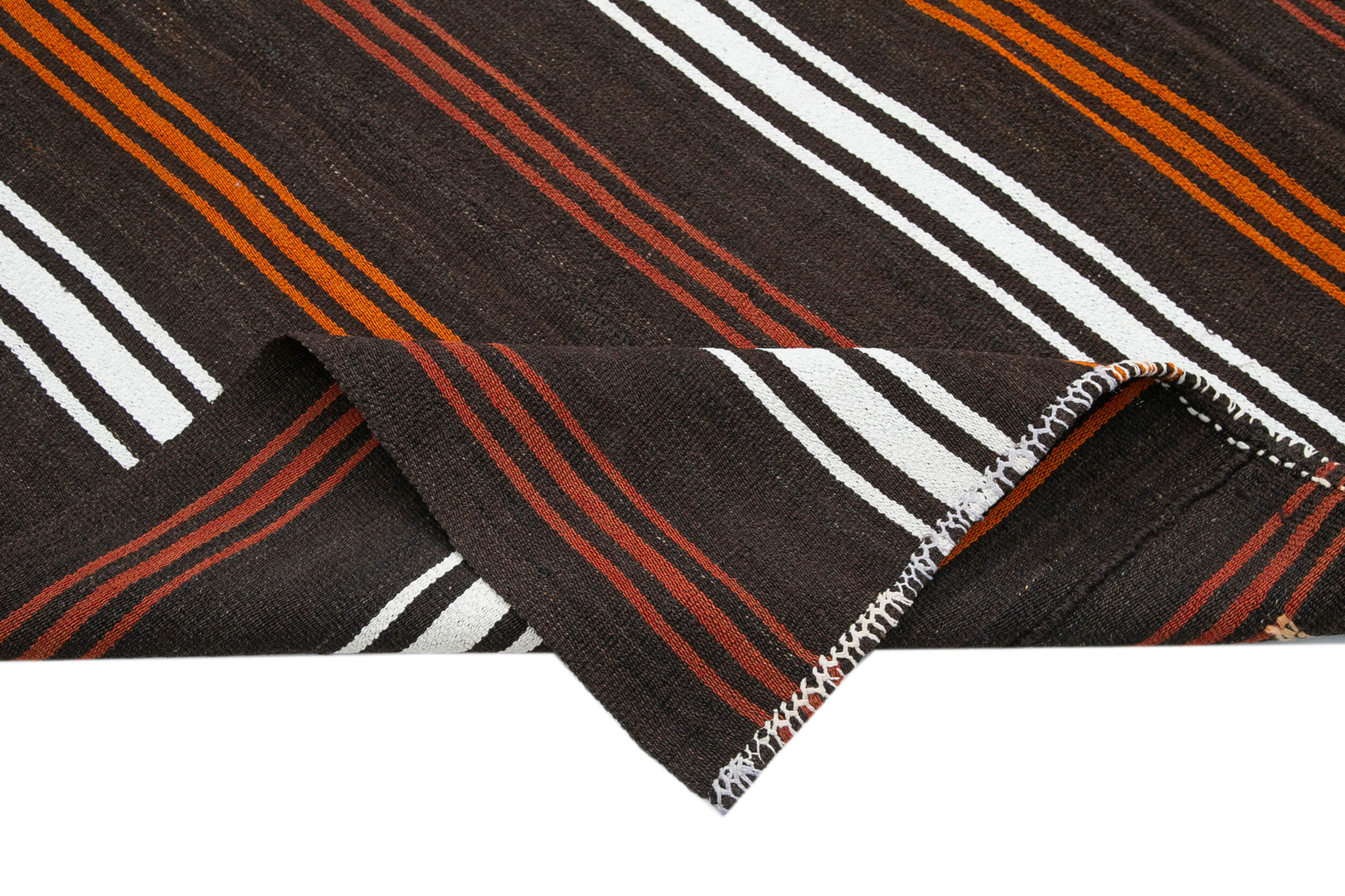 Handmade Striped Kilim Rug - Vintage Area Rug 7x9 Feet | Brown Goat Hair, Turkish Wool