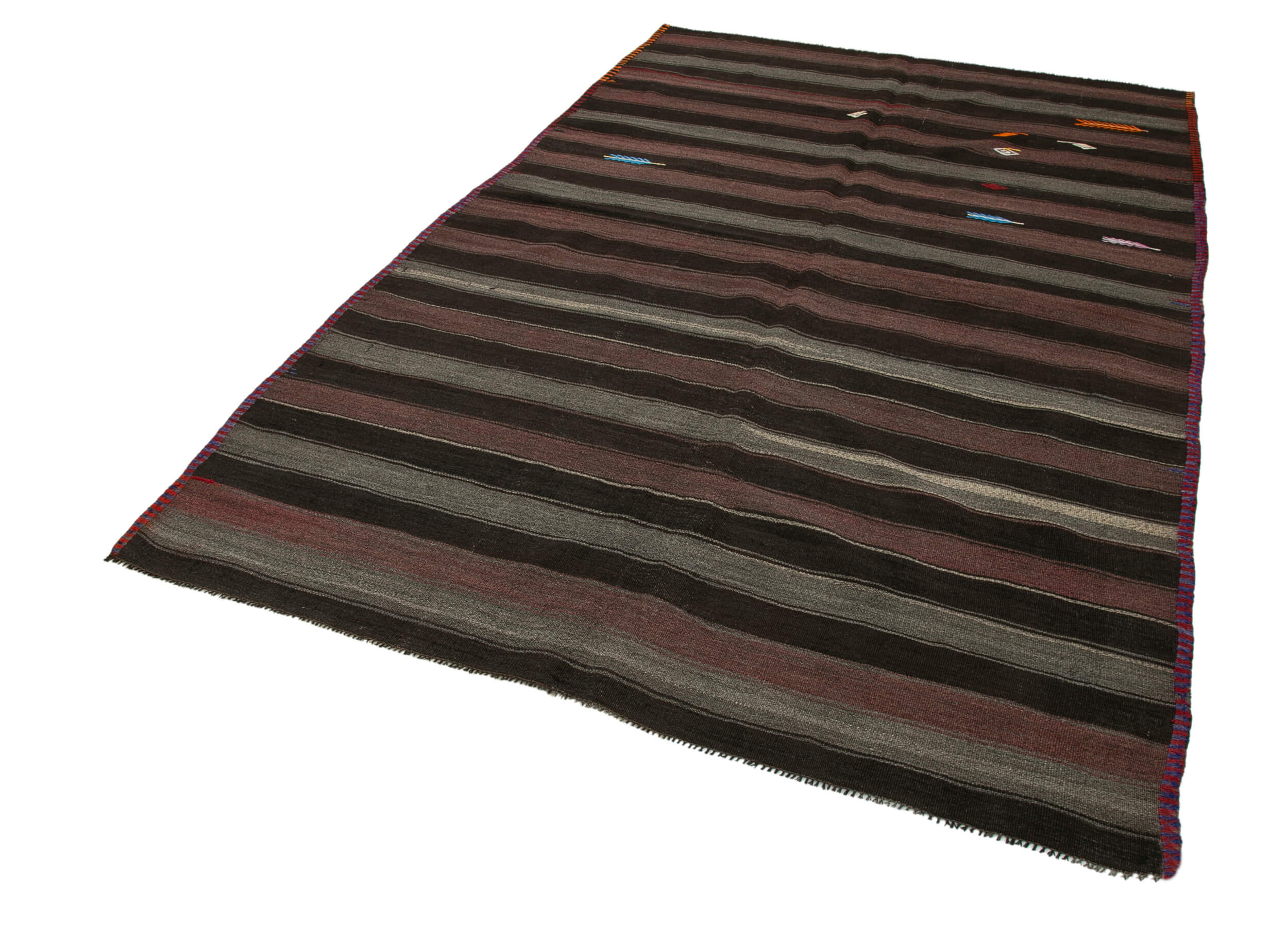 Handmade Kilim Rug - Brown Striped Goat Hair Vintage Turkish Area Rug 5'10''x9'5''