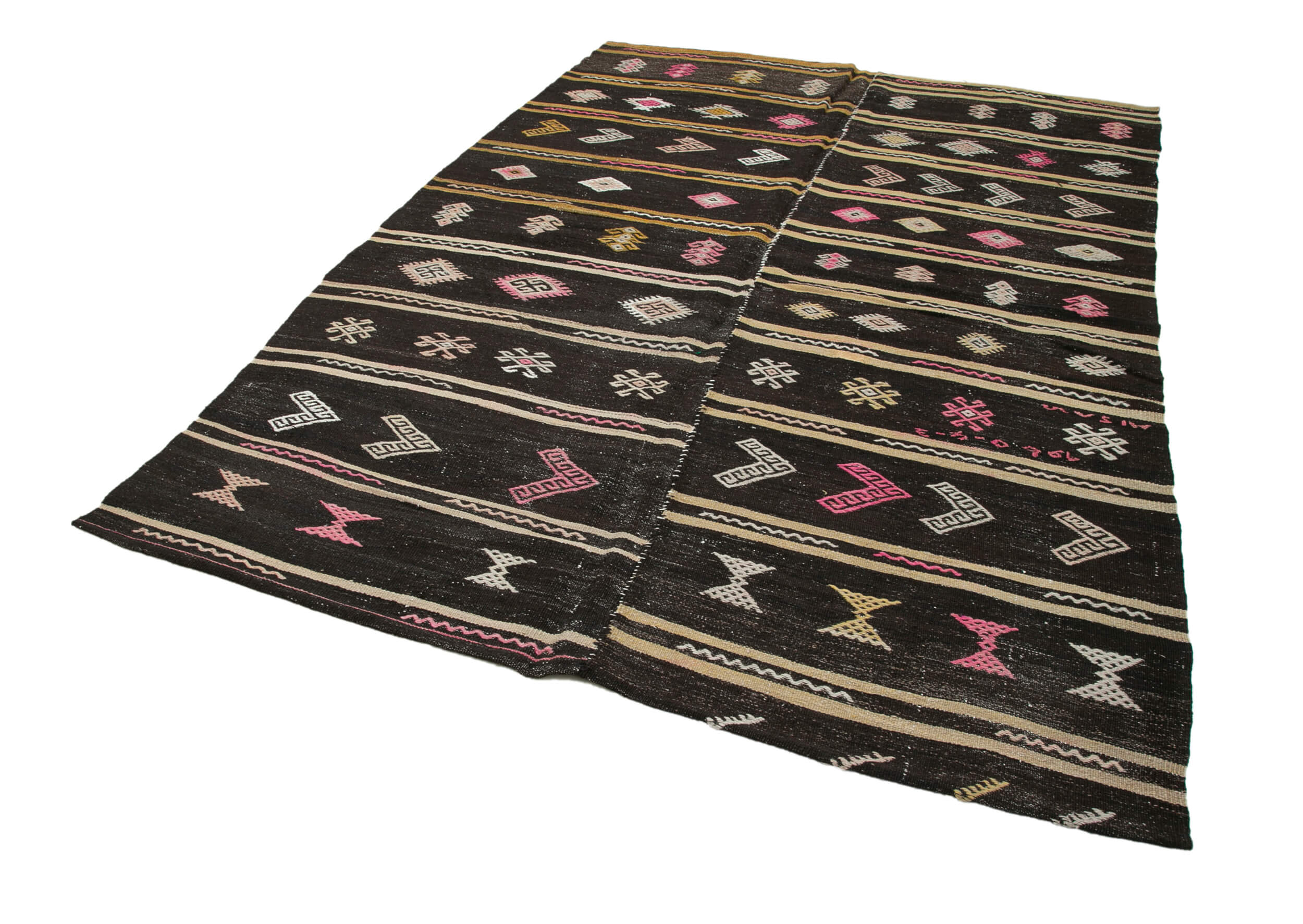 Handmade Striped Kilim Rug - Brown Goat Hair Carpet 6'4'' x 9'2'' Artisan Crafted