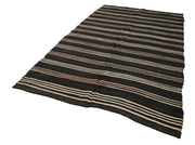 Handmade Kilim Rug - Brown Wool Carpet Striped Area Rug With Goat Hair Texture 6'1''x10'9''