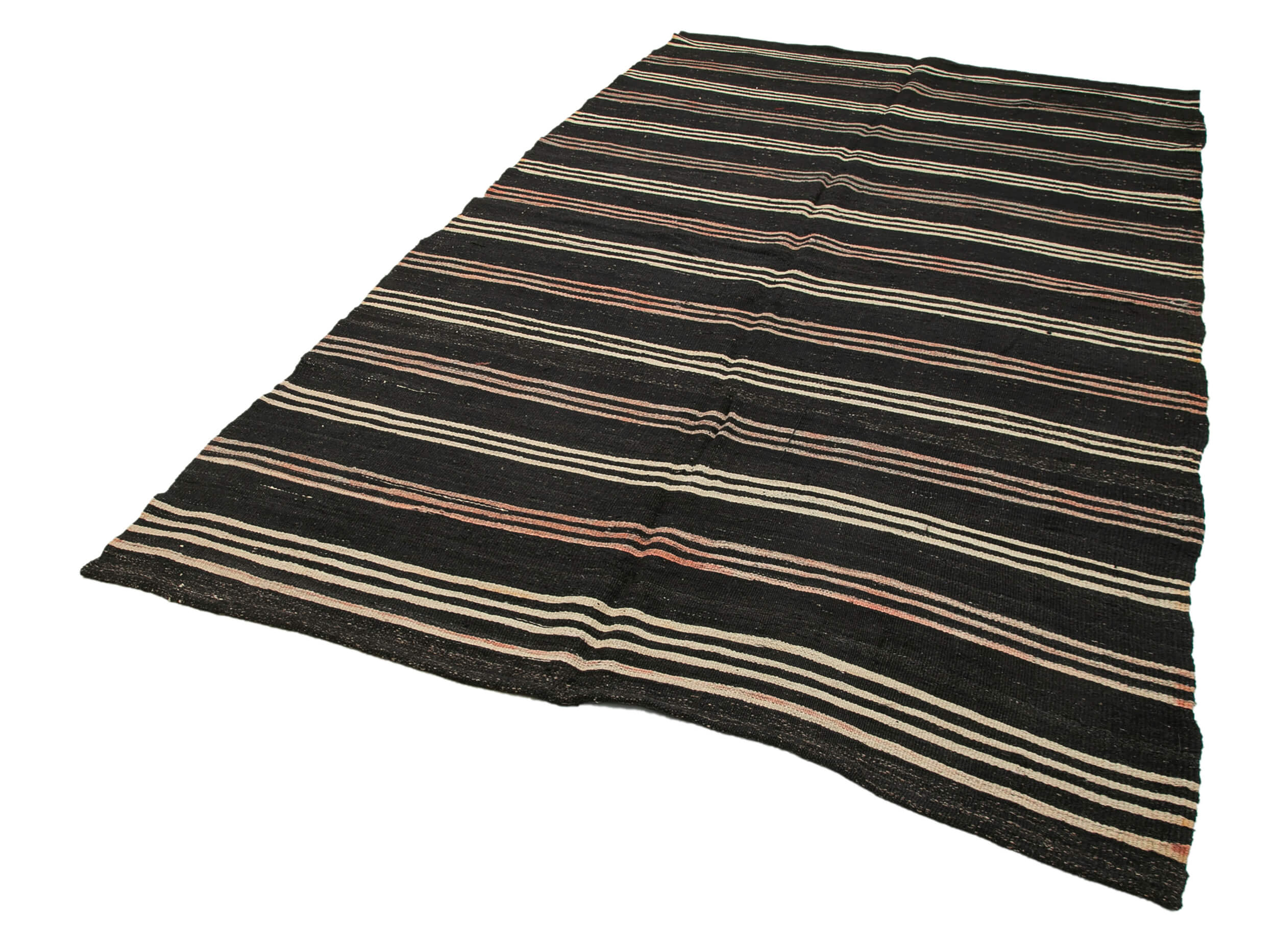 Handmade Kilim Rug - Brown Wool Carpet Striped Area Rug With Goat Hair Texture 6'1''x10'9''