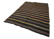 Handmade Kilim Rug – Brown Wool Carpet with Goat Hair | 6'6'' x 10'1'' Striped Area Rug