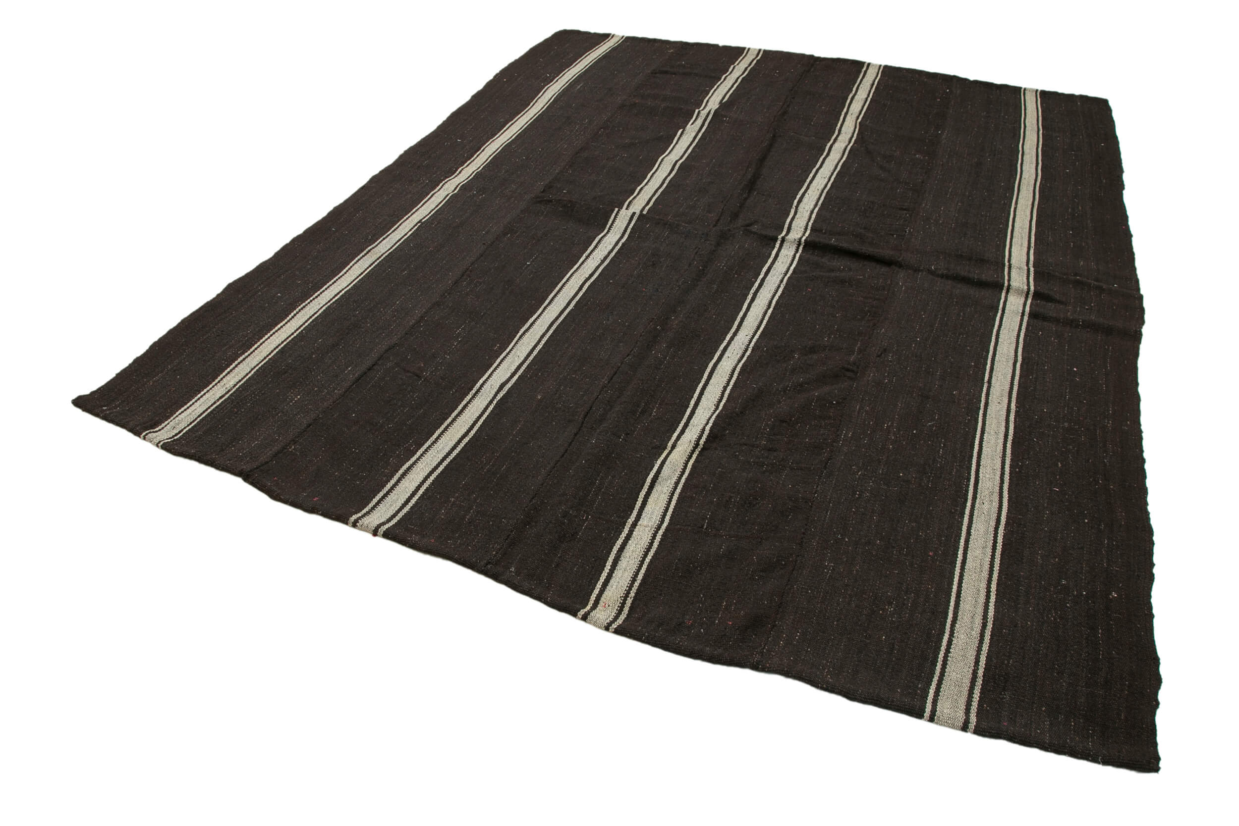 Handmade Kilim Rug - Striped Area Rug Brown Goat Hair Wool Cotton Blend 7'6''x9'4''
