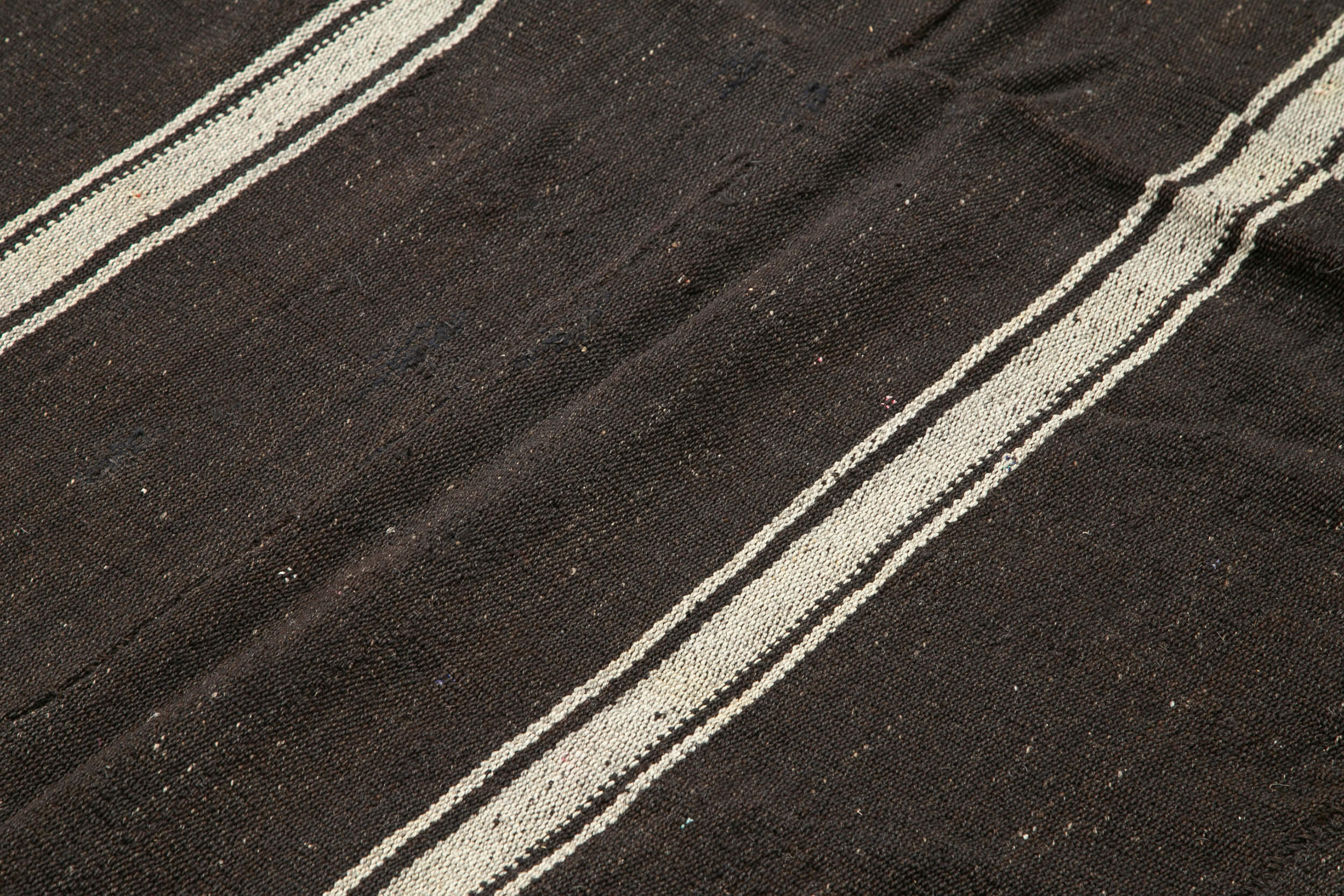 Handmade Kilim Rug - Striped Area Rug Brown Goat Hair Wool Cotton Blend 7'6''x9'4''