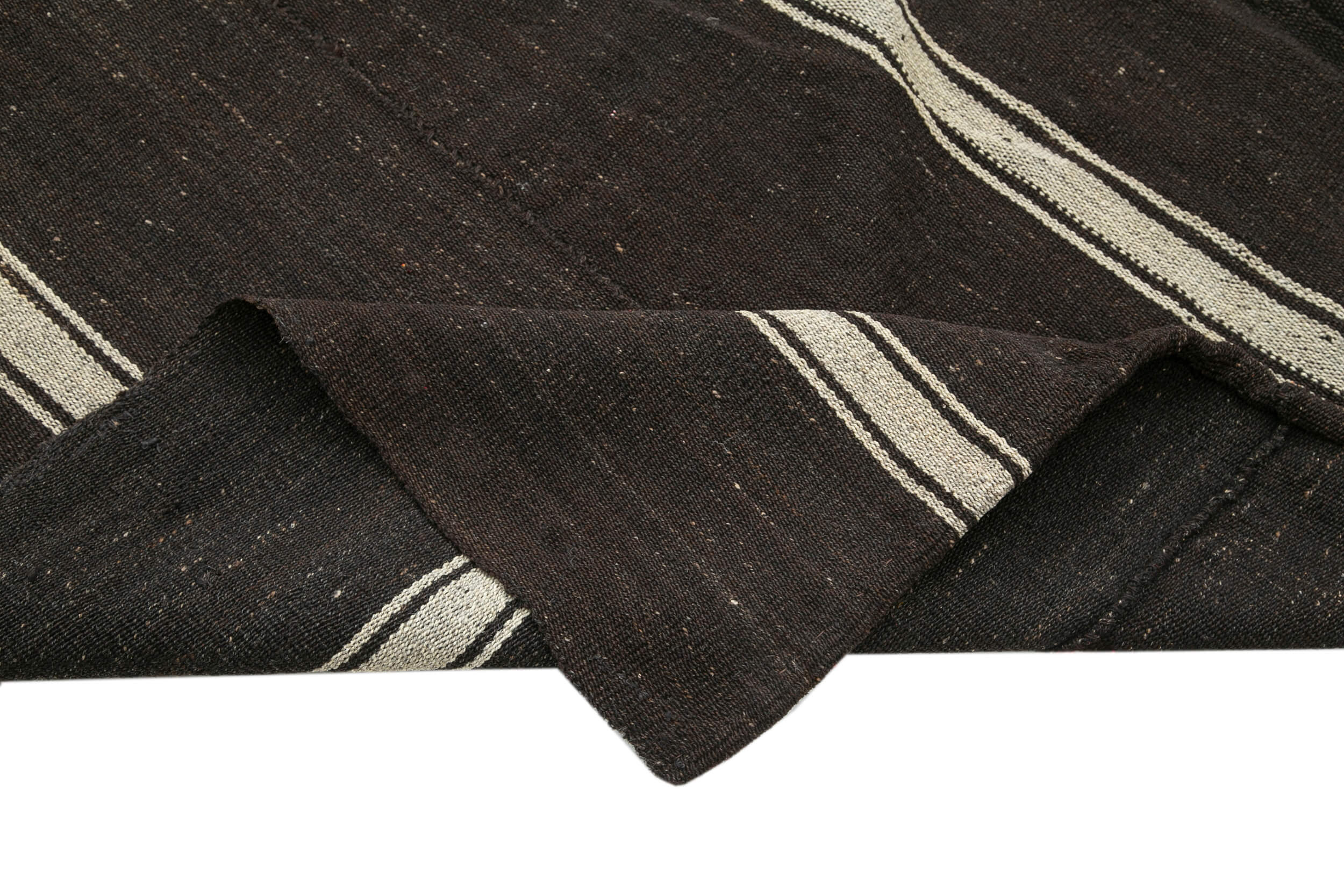 Handmade Kilim Rug - Striped Area Rug Brown Goat Hair Wool Cotton Blend 7'6''x9'4''