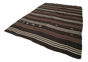 Handmade Kilim Rug | Vintage Turkish Carpet 7x11 Feet - Brown Wool Striped Area Rug