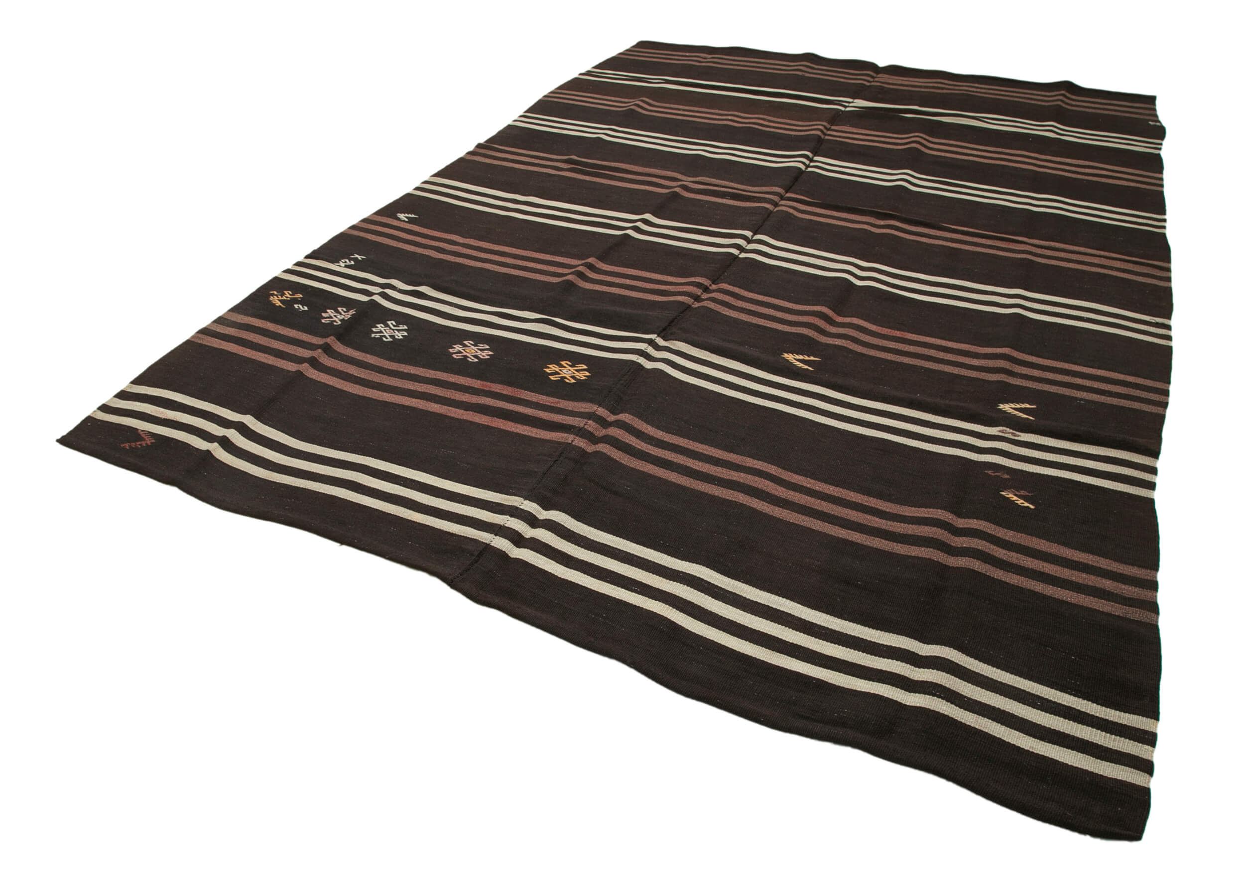 Handmade Kilim Rug | Vintage Turkish Carpet 7x11 Feet - Brown Wool Striped Area Rug
