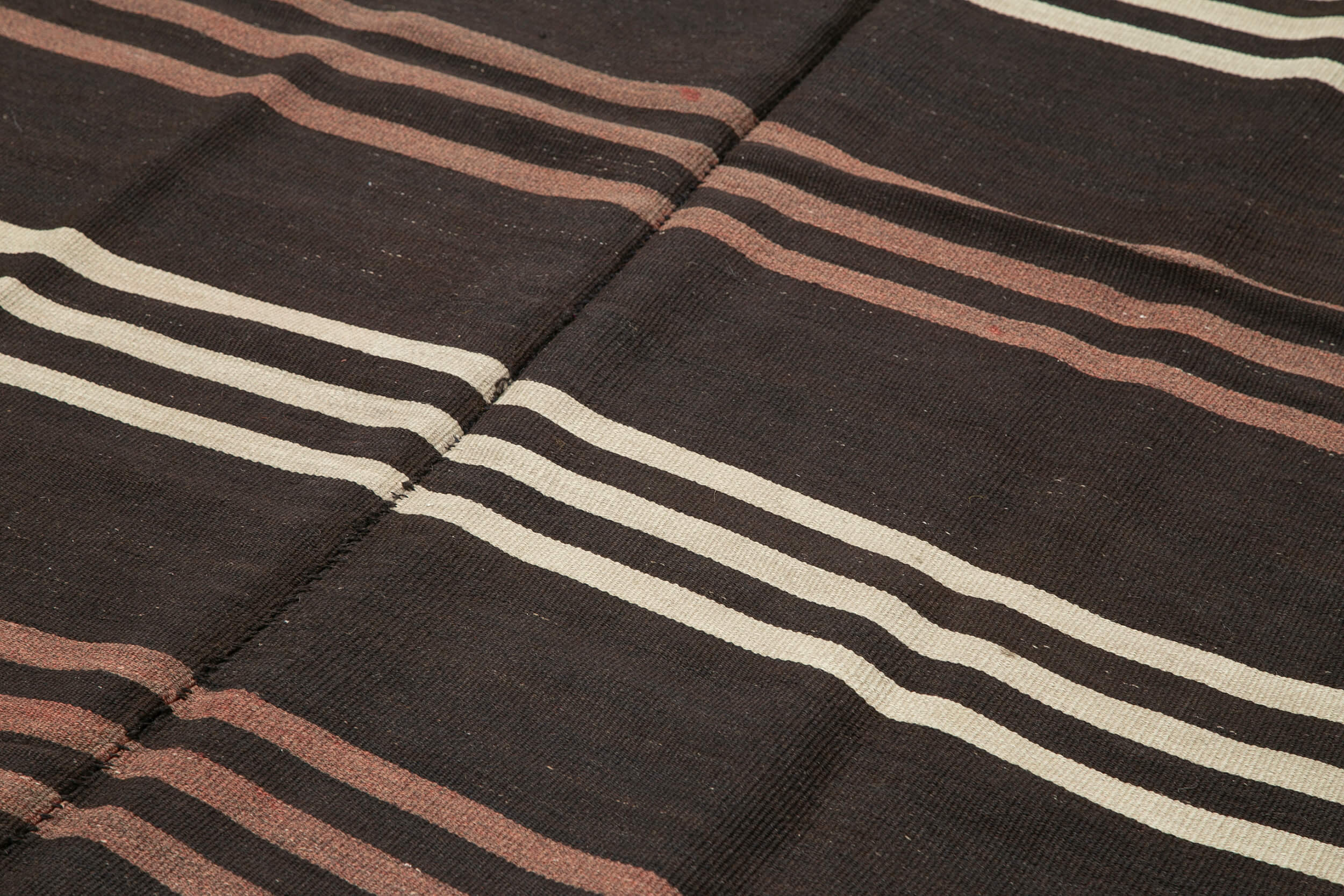 Handmade Kilim Rug | Vintage Turkish Carpet 7x11 Feet - Brown Wool Striped Area Rug
