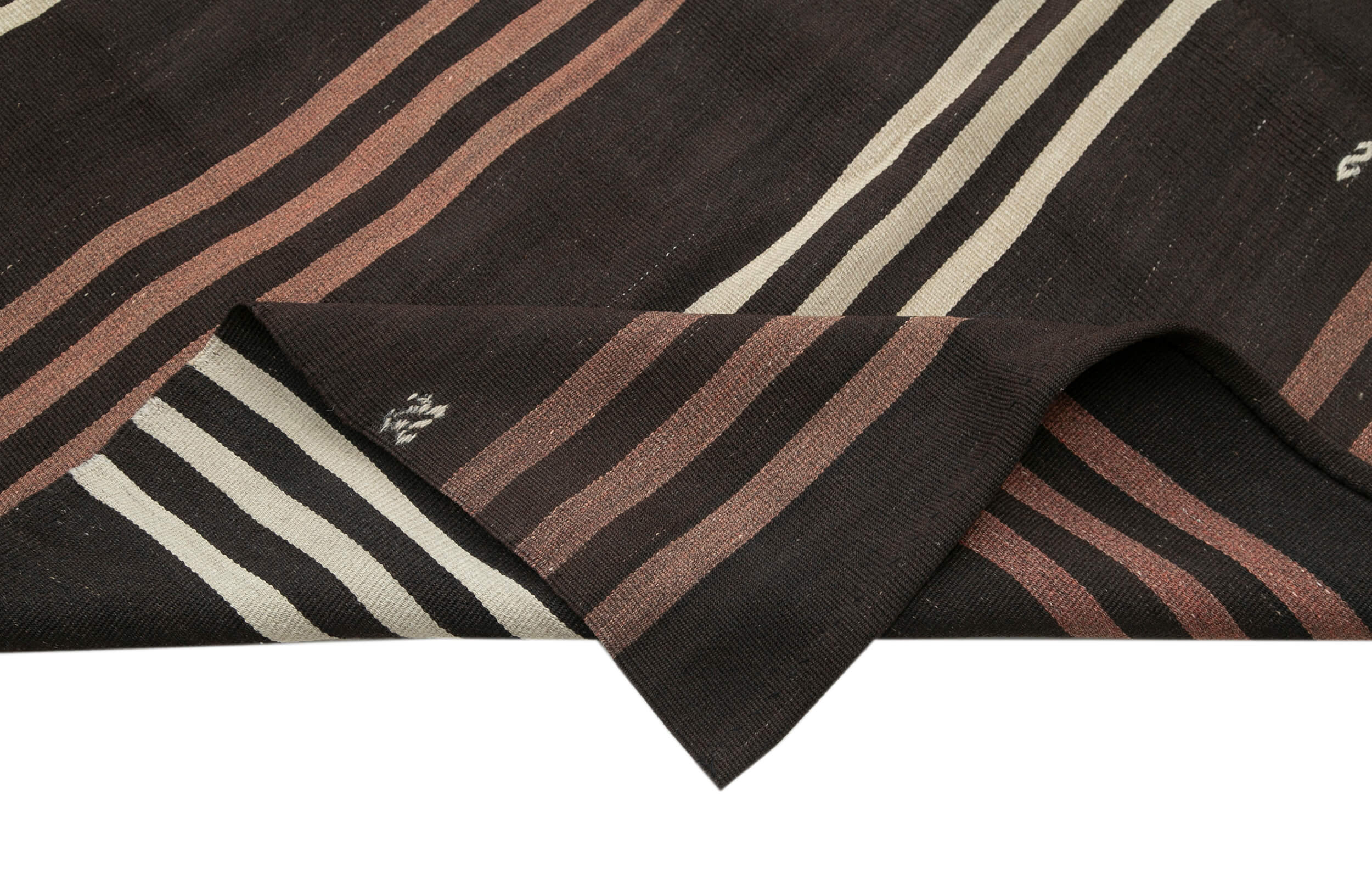 Handmade Kilim Rug | Vintage Turkish Carpet 7x11 Feet - Brown Wool Striped Area Rug