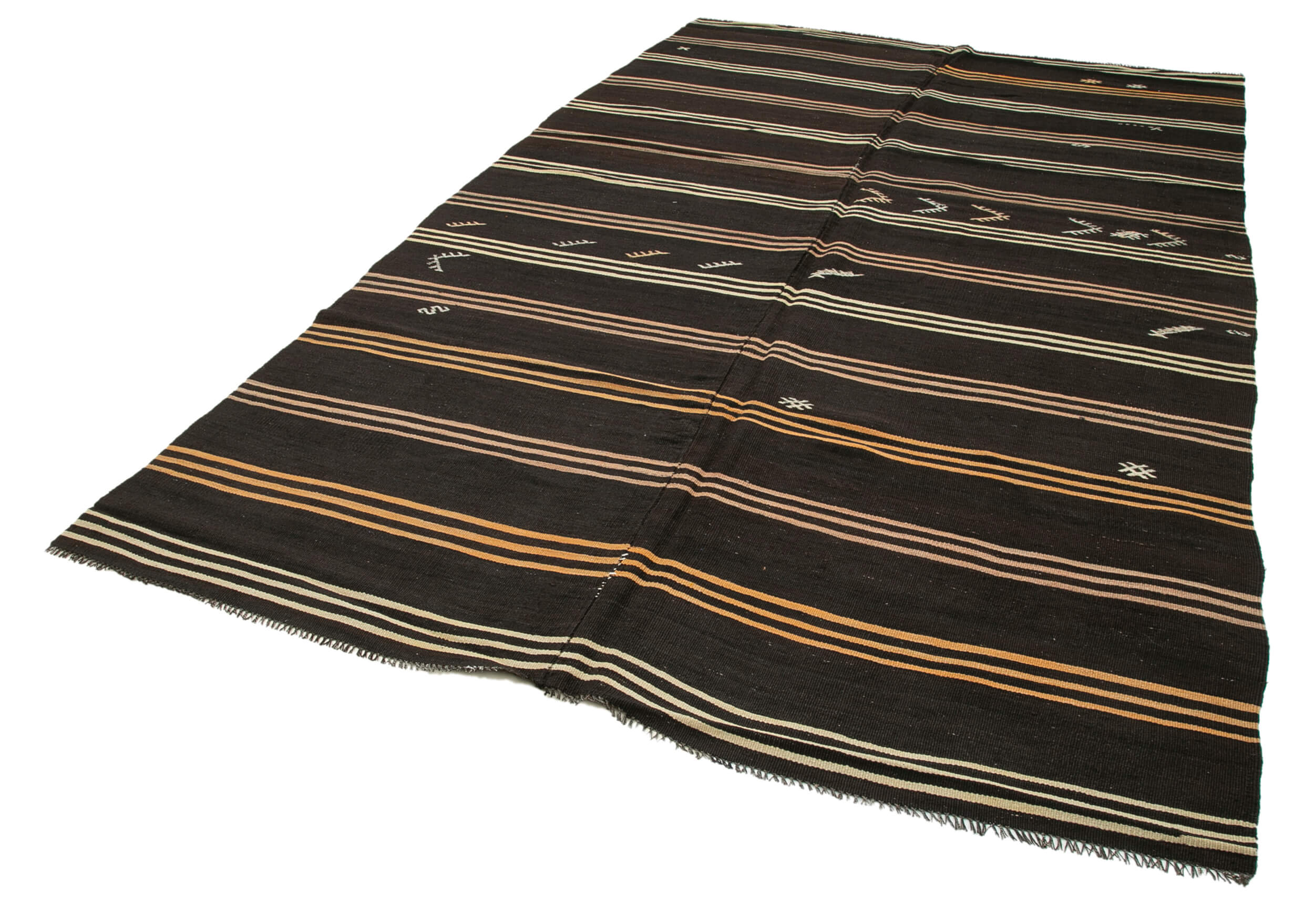 Handmade Striped Kilim Rug – Brown Goat Hair Vintage Area Rug 6'8''x10'11''