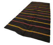Handmade Kilim Rug - Brown Striped Area Rug With Goat Hair & Cotton Base 5'8''x13'9''