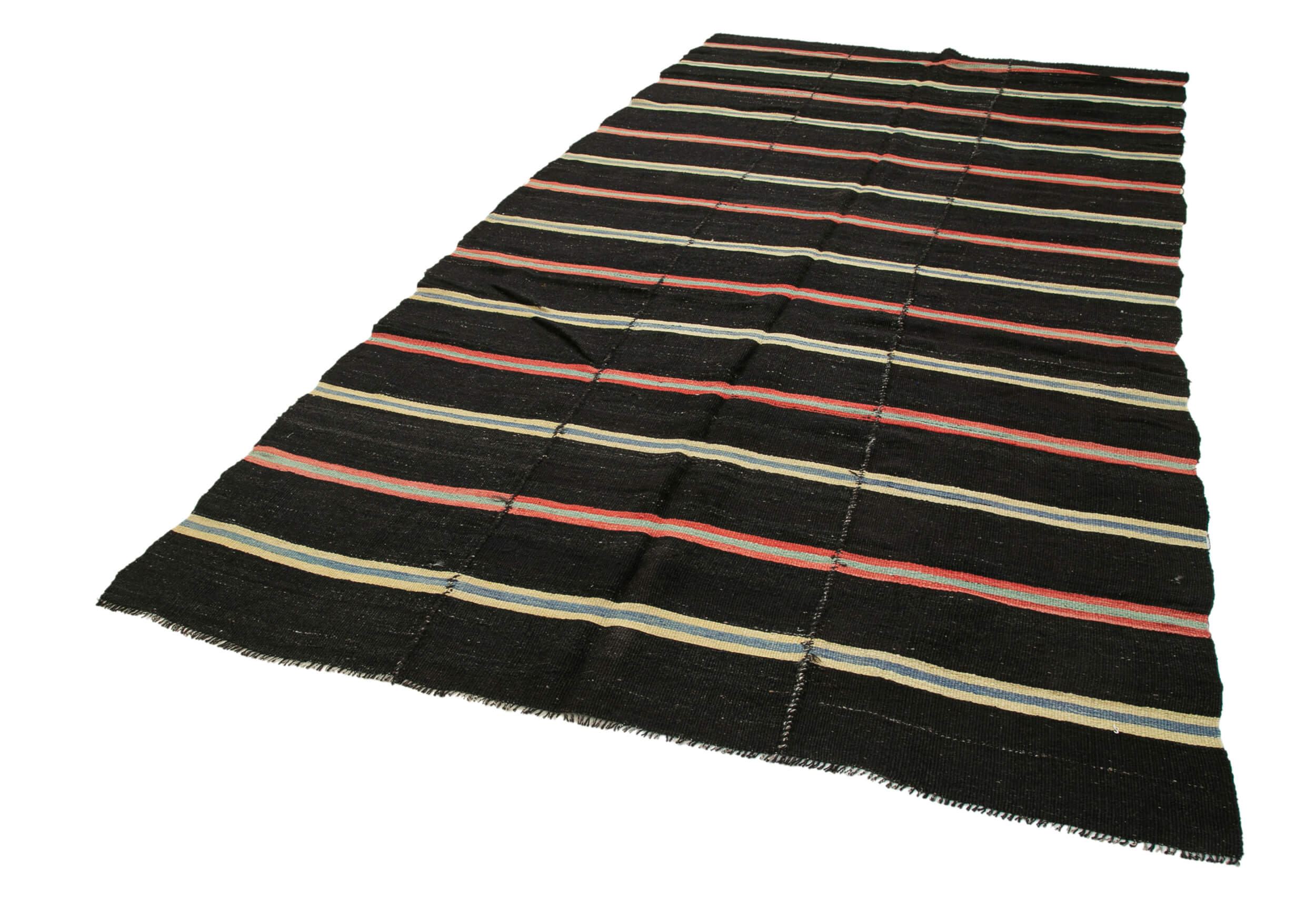 Handmade Kilim Rug - Striped Area Rug Brown Wool Carpet 6'7'' x 12'3'' Flat Weave
