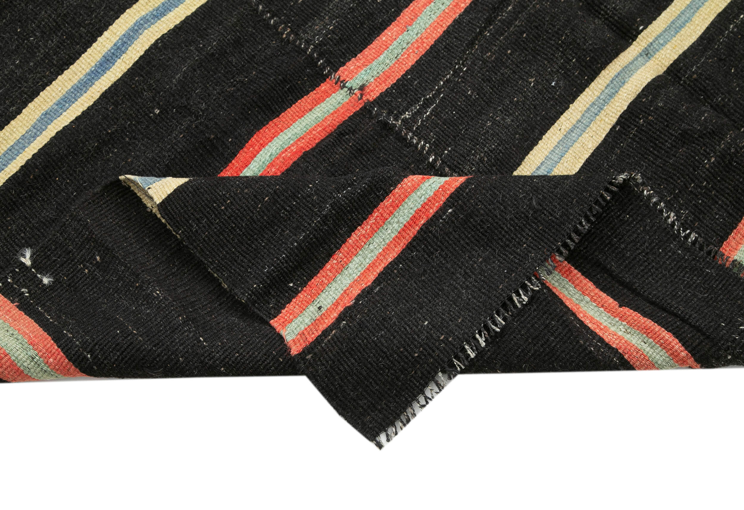 Handmade Kilim Rug - Striped Area Rug Brown Wool Carpet 6'7'' x 12'3'' Flat Weave