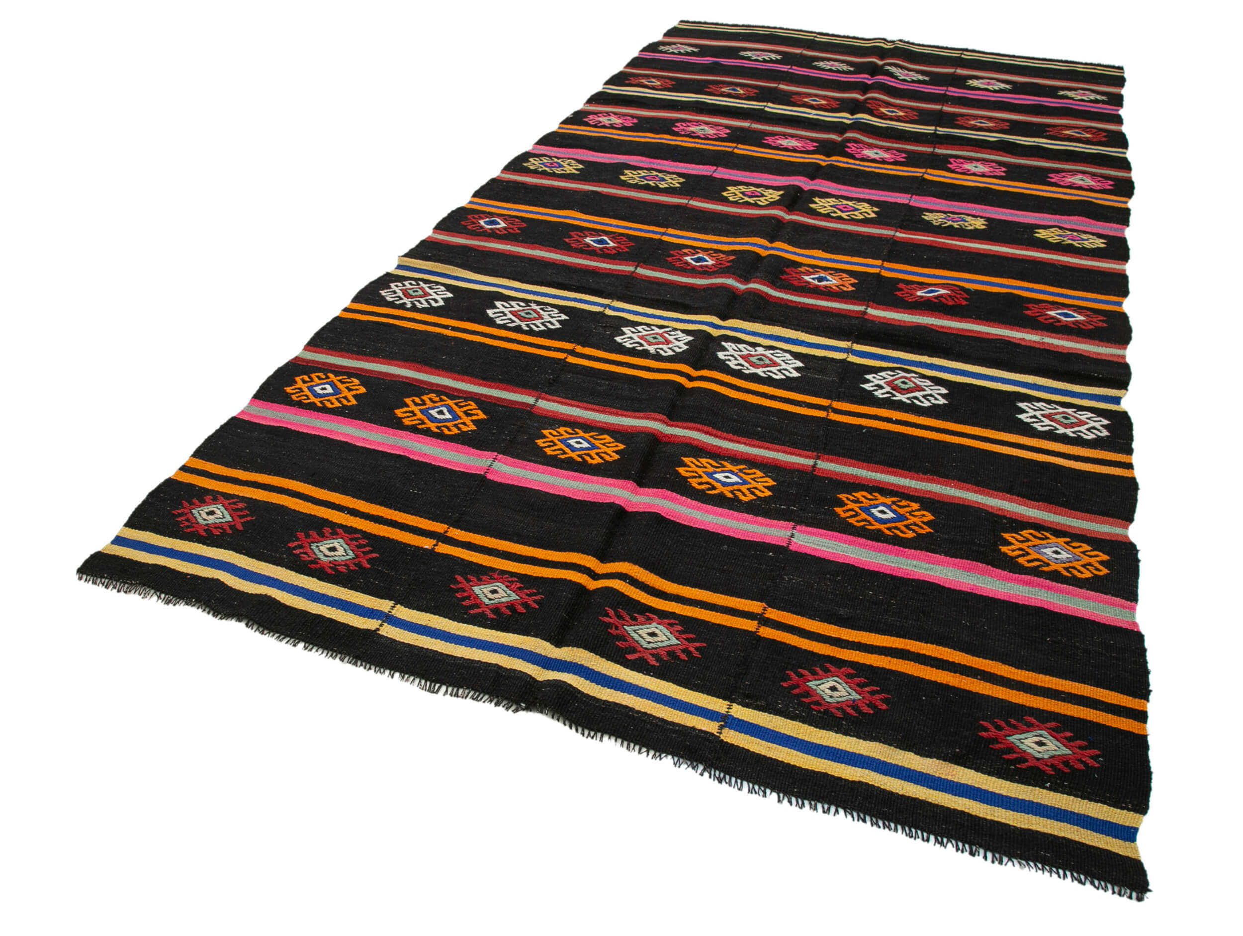 Handmade Striped Kilim Rug – 6x12 Foot Vintage Area Rug with Brown Goat Hair