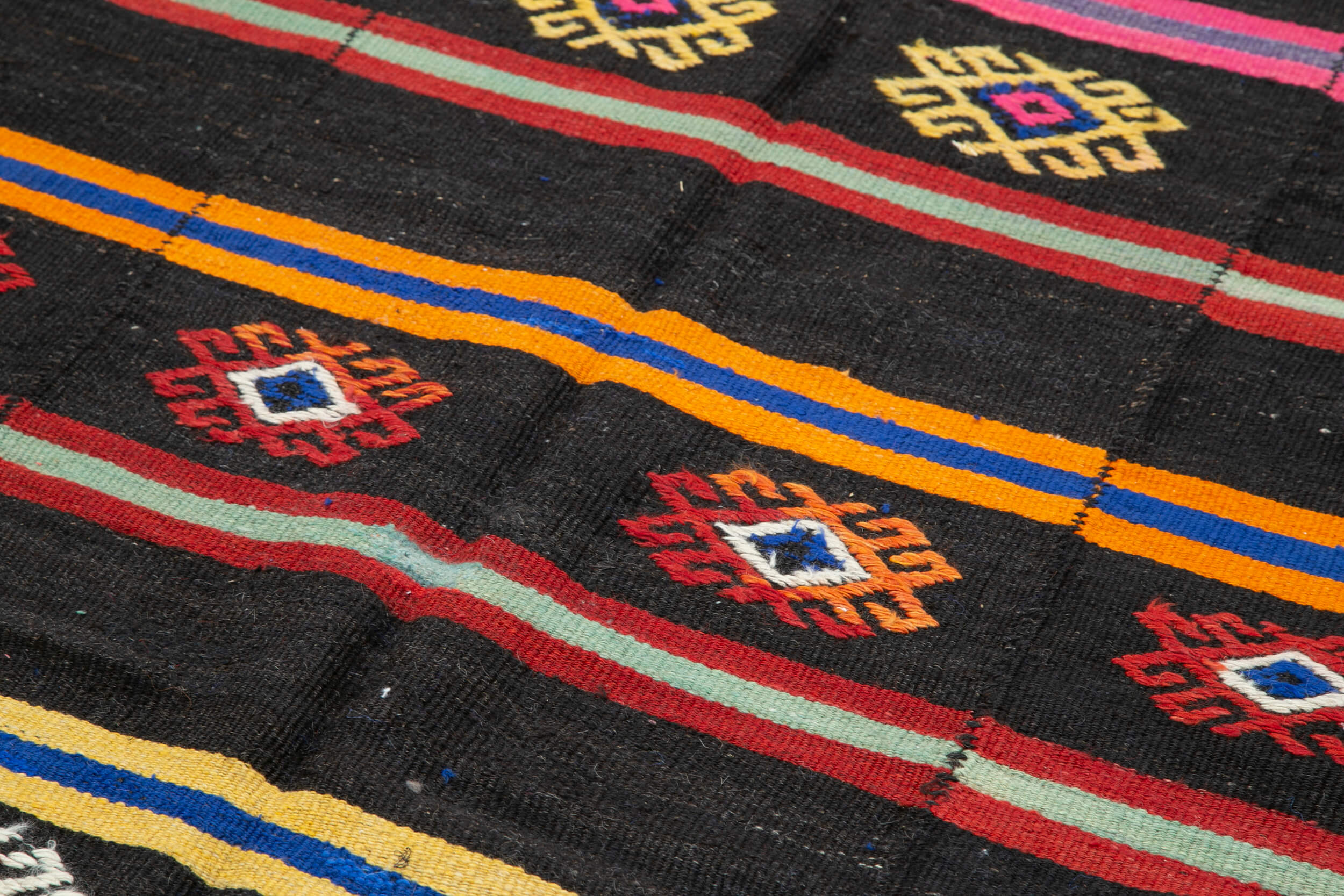Handmade Striped Kilim Rug – 6x12 Foot Vintage Area Rug with Brown Goat Hair
