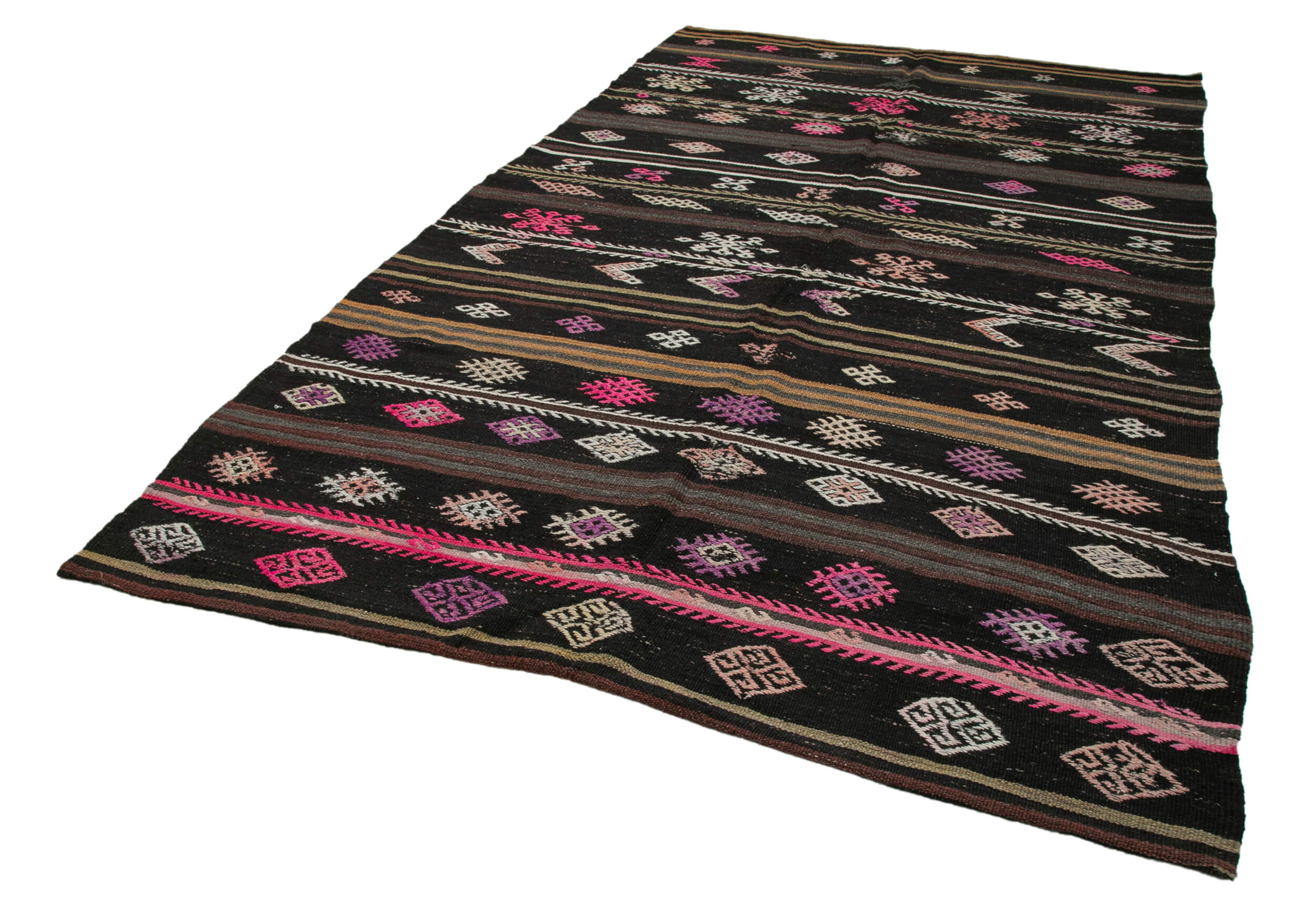 Handmade Kilim Rug - Brown Wool Rug | Striped Area Rug With Cotton Backing 6'9''x11'1''