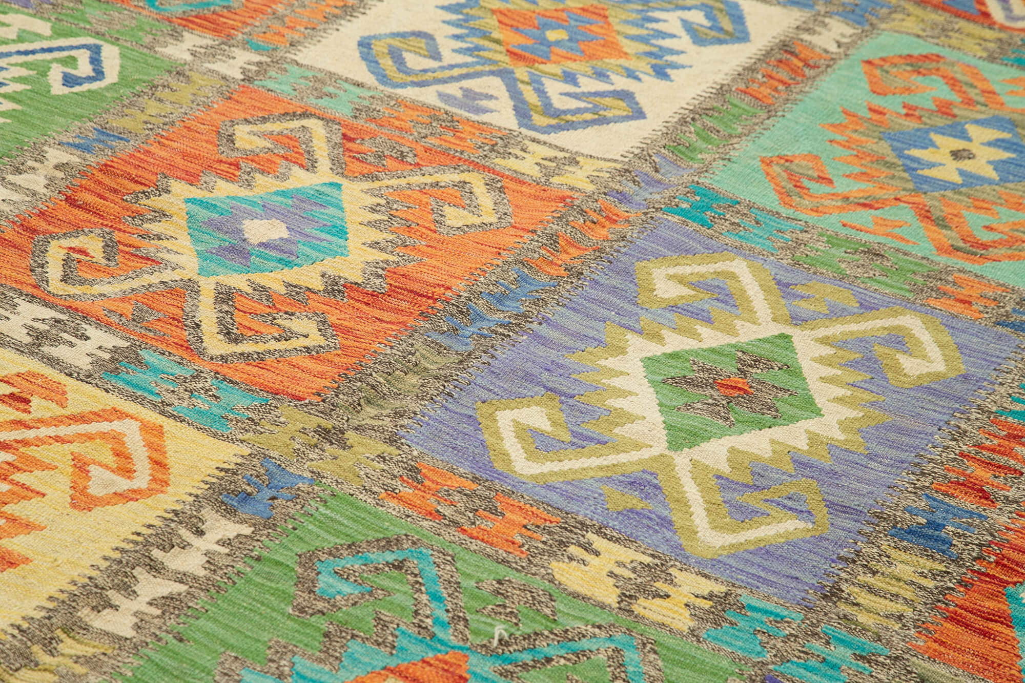 Handmade Area Rug - Green Geometric Cotton Wool Vintage Turkish Carpet 8'7''x11'3''