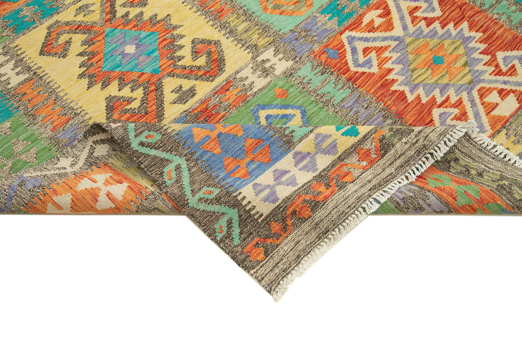 Handmade Area Rug - Green Geometric Cotton Wool Vintage Turkish Carpet 8'7''x11'3''