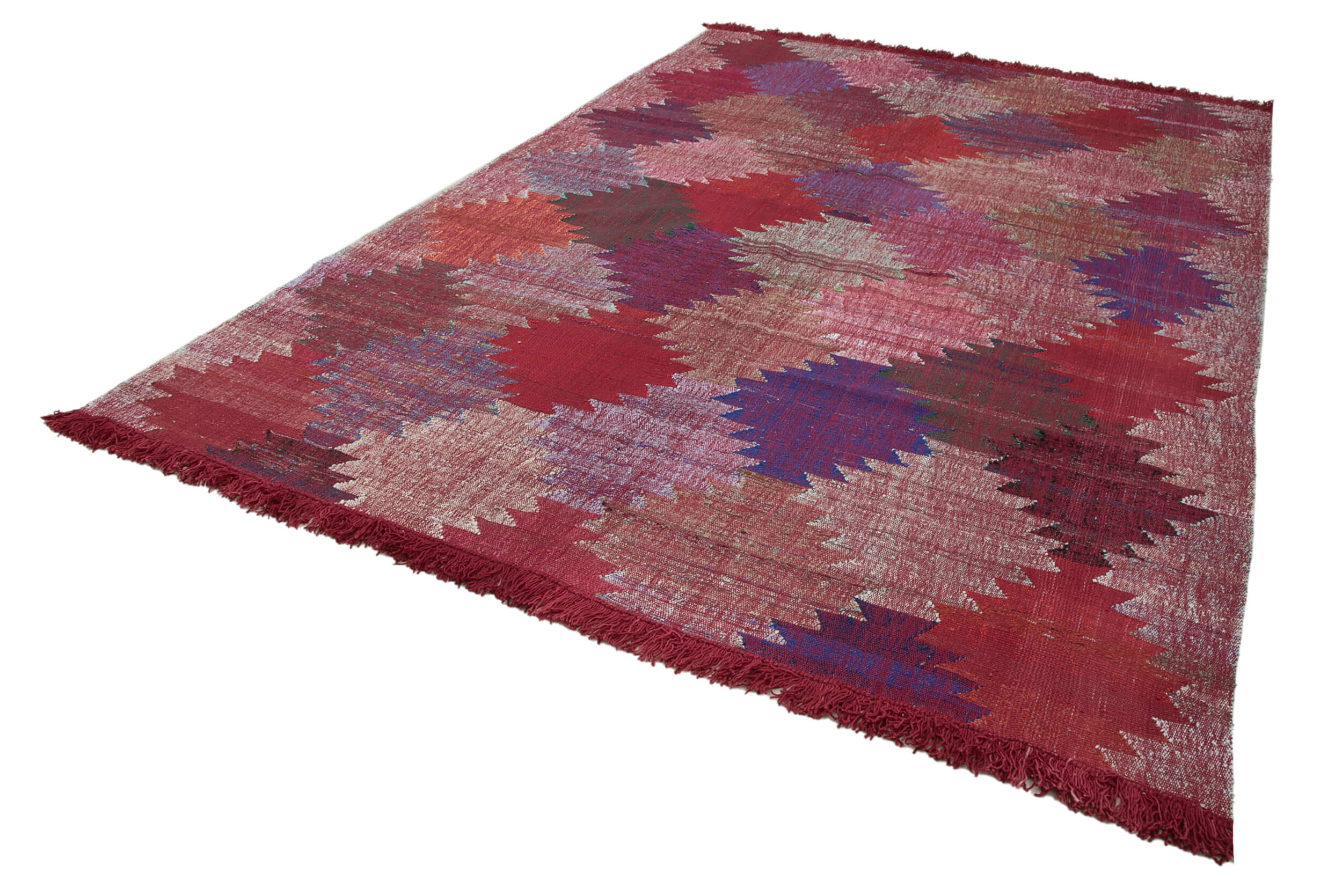 Handmade Area Rug | Red Geometric Carpet - Cotton Wool Vintage Handwoven