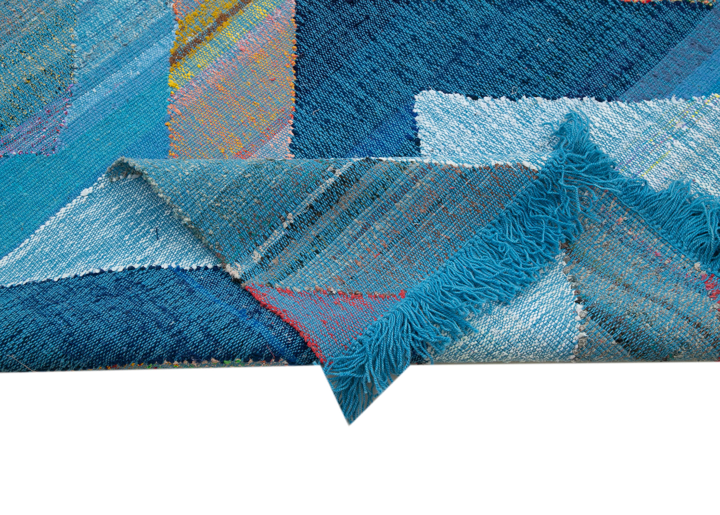 Handmade Area Rug – Blue Geometric Cotton Wool Rug 8'5''x13'0'' Durable Soft Carpet