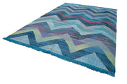 Handmade Area Rug - Blue Geometric Vintage Wool Cotton Blend Carpet 8'6''x12'2''