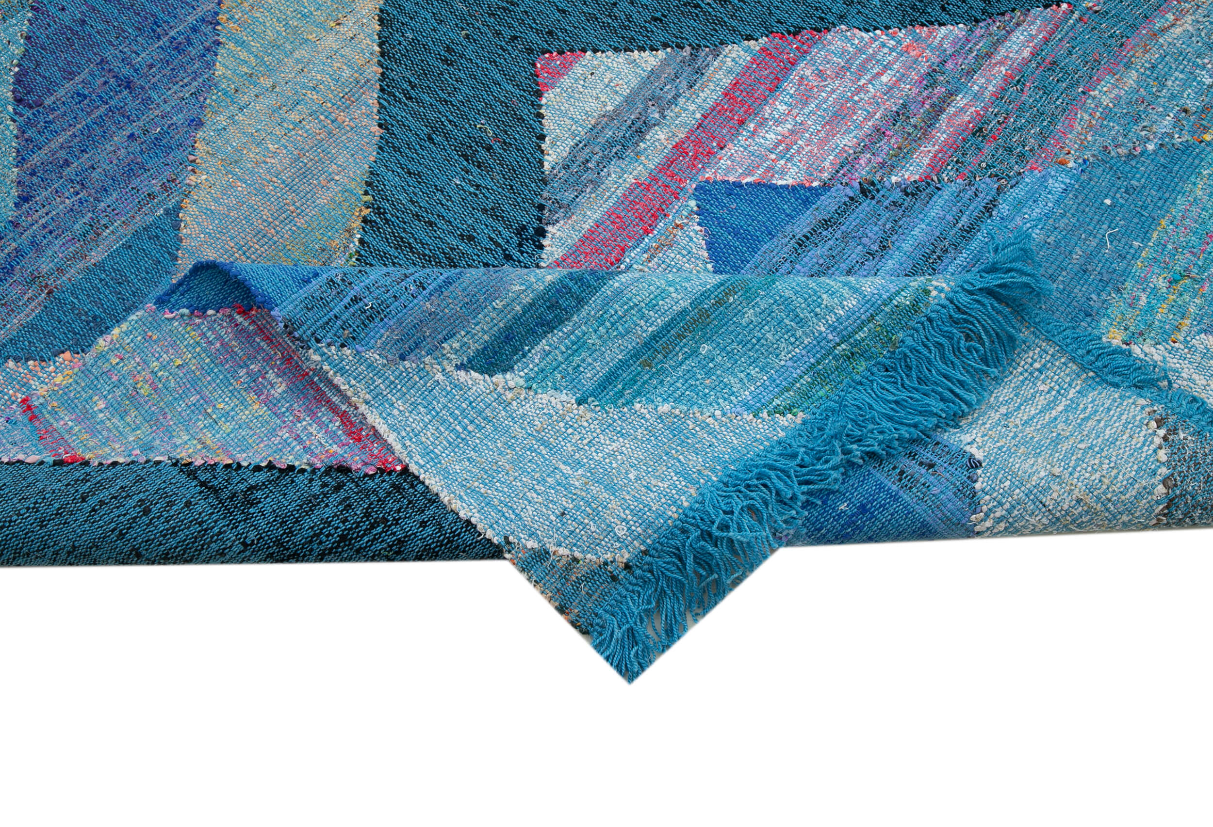 Handmade Area Rug - Blue Geometric Vintage Wool Cotton Blend Carpet 8'6''x12'2''