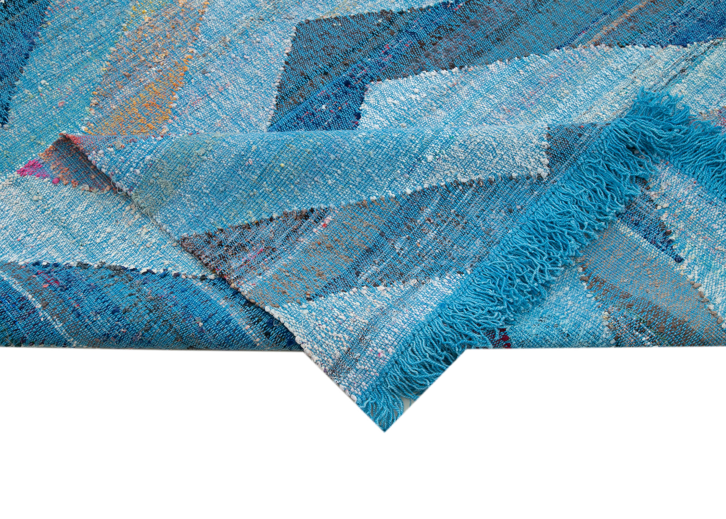 Handmade Area Rug - Blue Geometric Cotton Wool Vintage Handwoven Carpet 12'2''x13'7''
