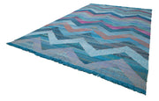 Handmade Area Rug – Blue Geometric Pattern Cotton Wool Vintage Carpet 10'3"x16'7"