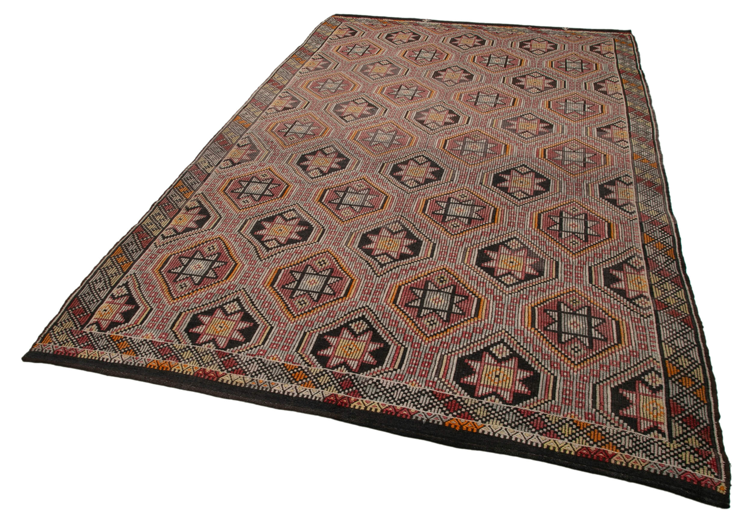 Handmade Geometric Rug - Vintage Turkish Kilim Area Rug With Brown Geometric Design 6'6" x 10'8"