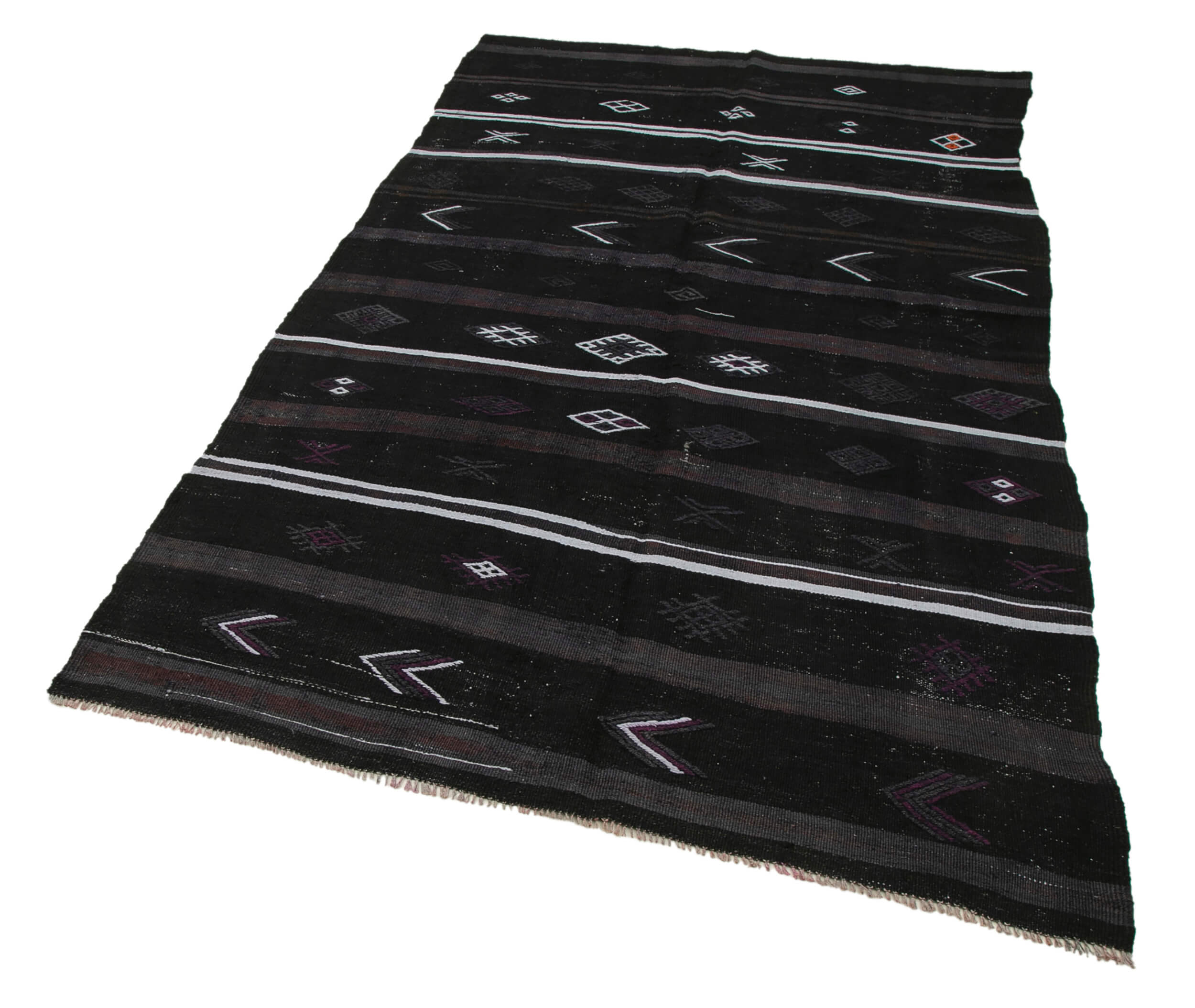 Handmade Geometric Kilim Rug – Black Goat Hair 4'10''x8'4'' Flat Weave Area Rug