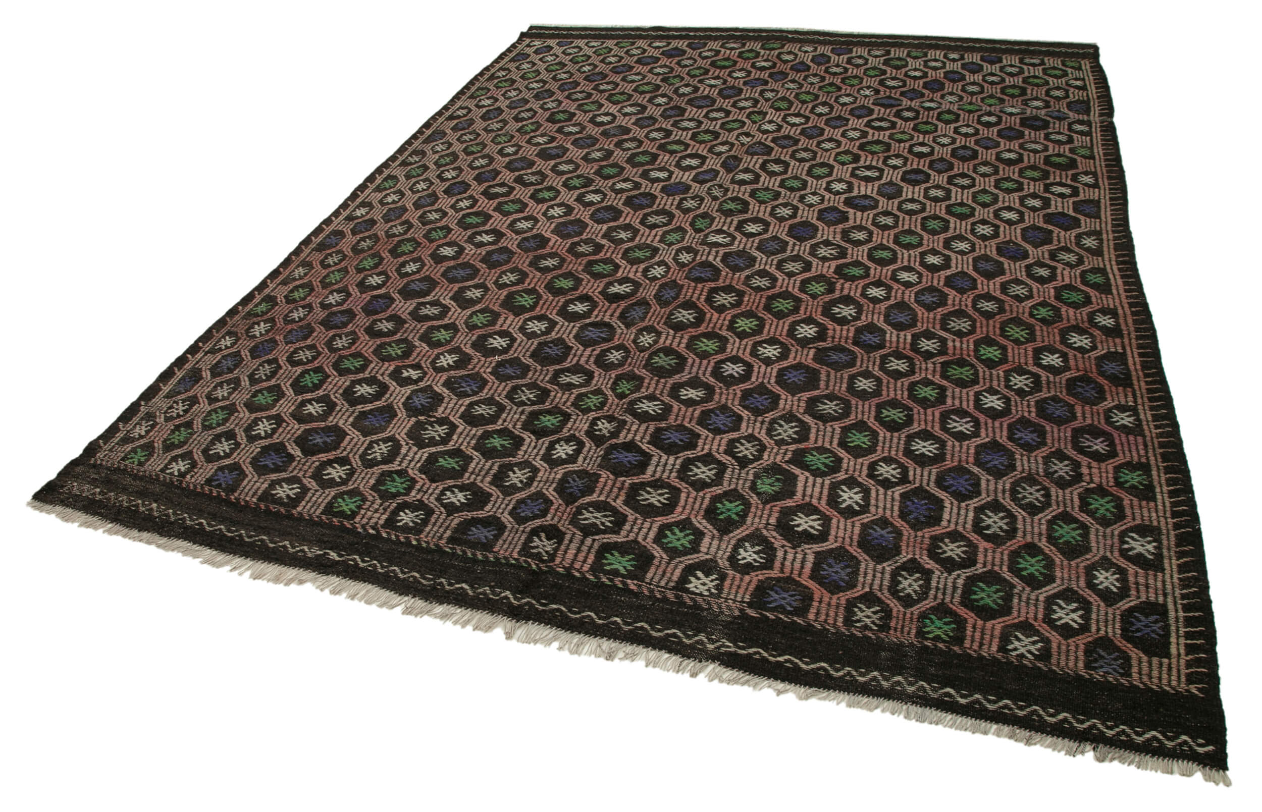 Handmade Kilim Rug - Brown Geometric Area Rug with Goat Hair, Wool Cotton Carpet 6'8''x9'10''