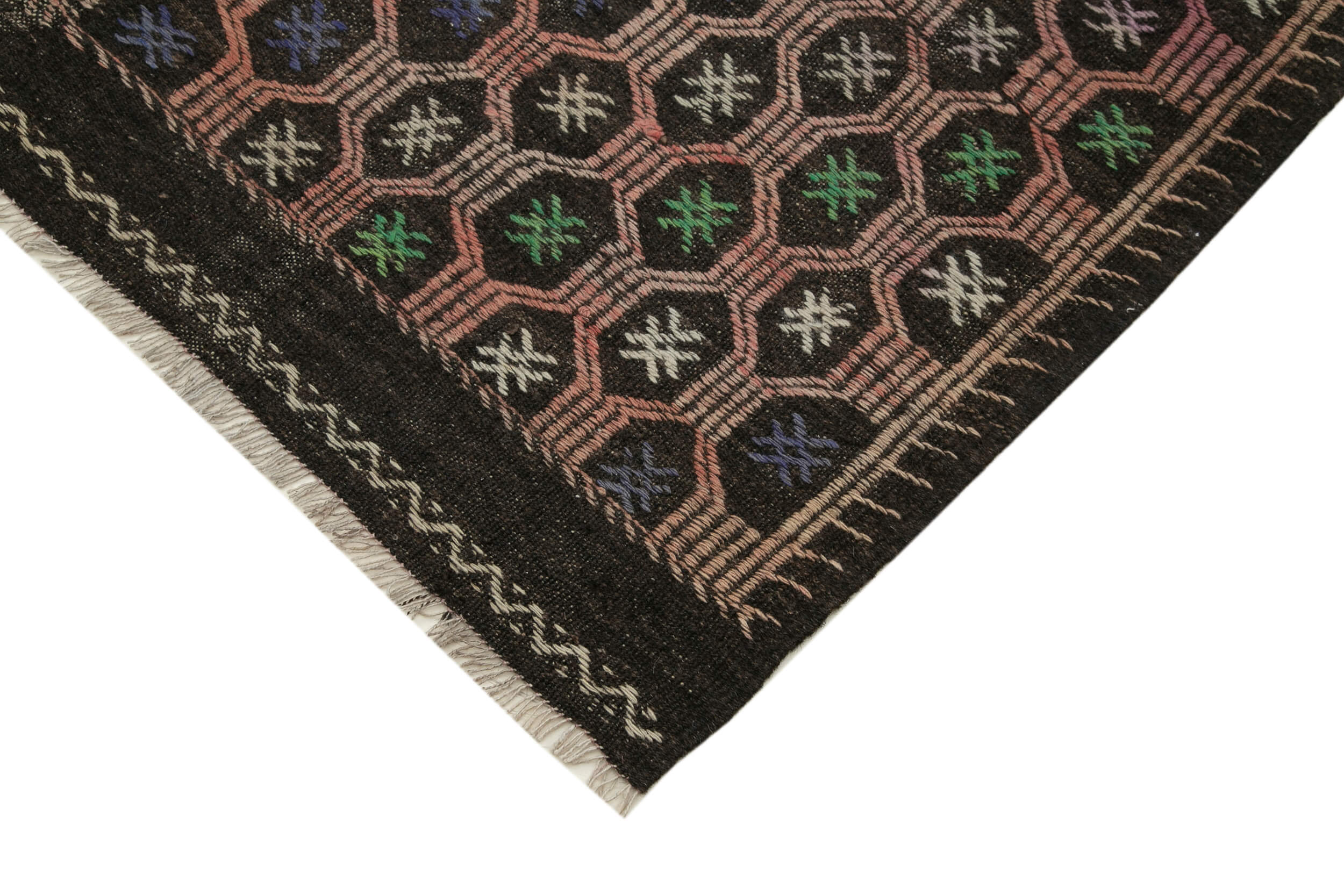 Handmade Kilim Rug - Brown Geometric Area Rug with Goat Hair, Wool Cotton Carpet 6'8''x9'10''