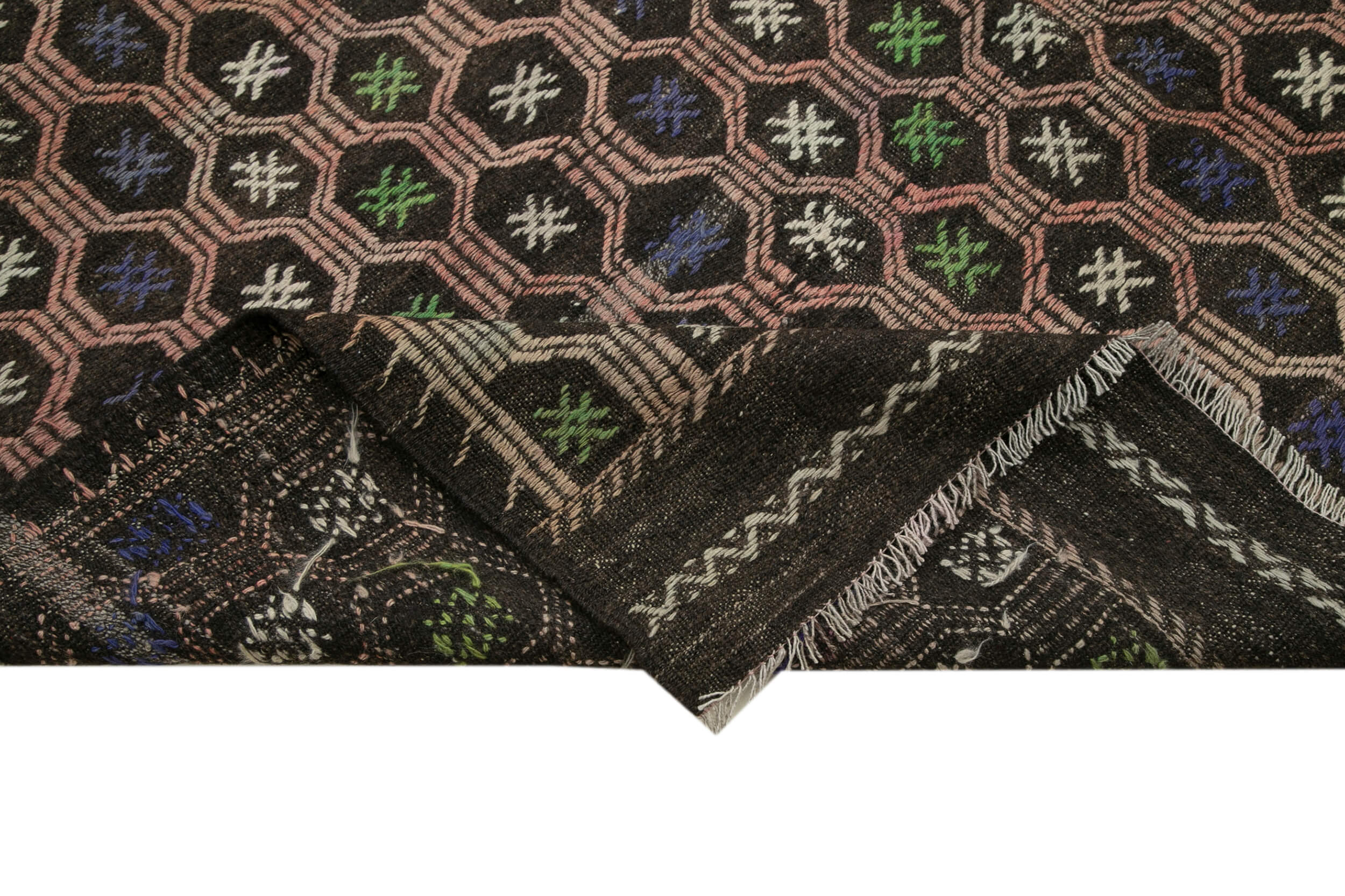 Handmade Kilim Rug - Brown Geometric Area Rug with Goat Hair, Wool Cotton Carpet 6'8''x9'10''