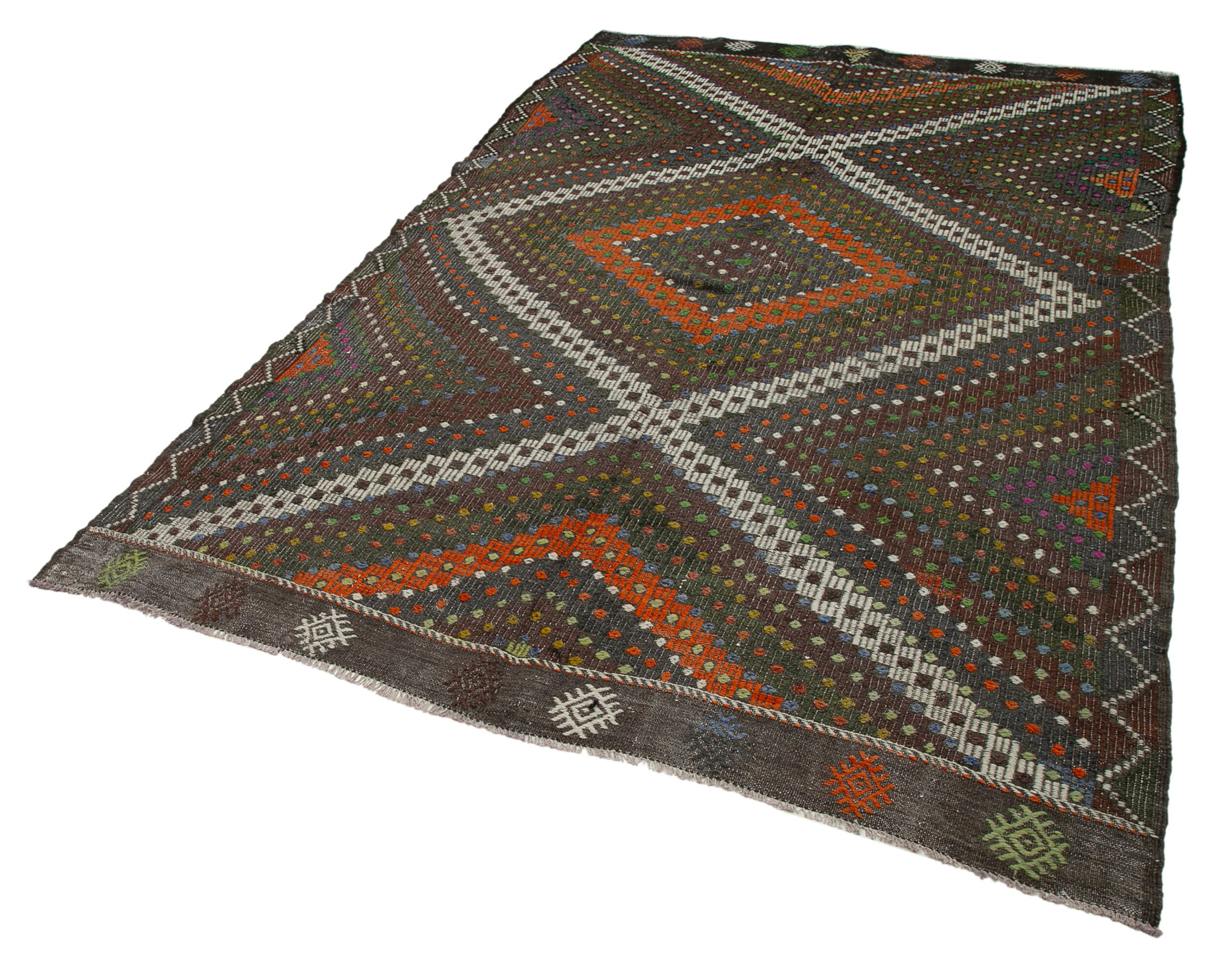 Handmade Geometric Kilim Rug – Brown Vintage Area Rug 6'1''x9'9'' Flat Weave