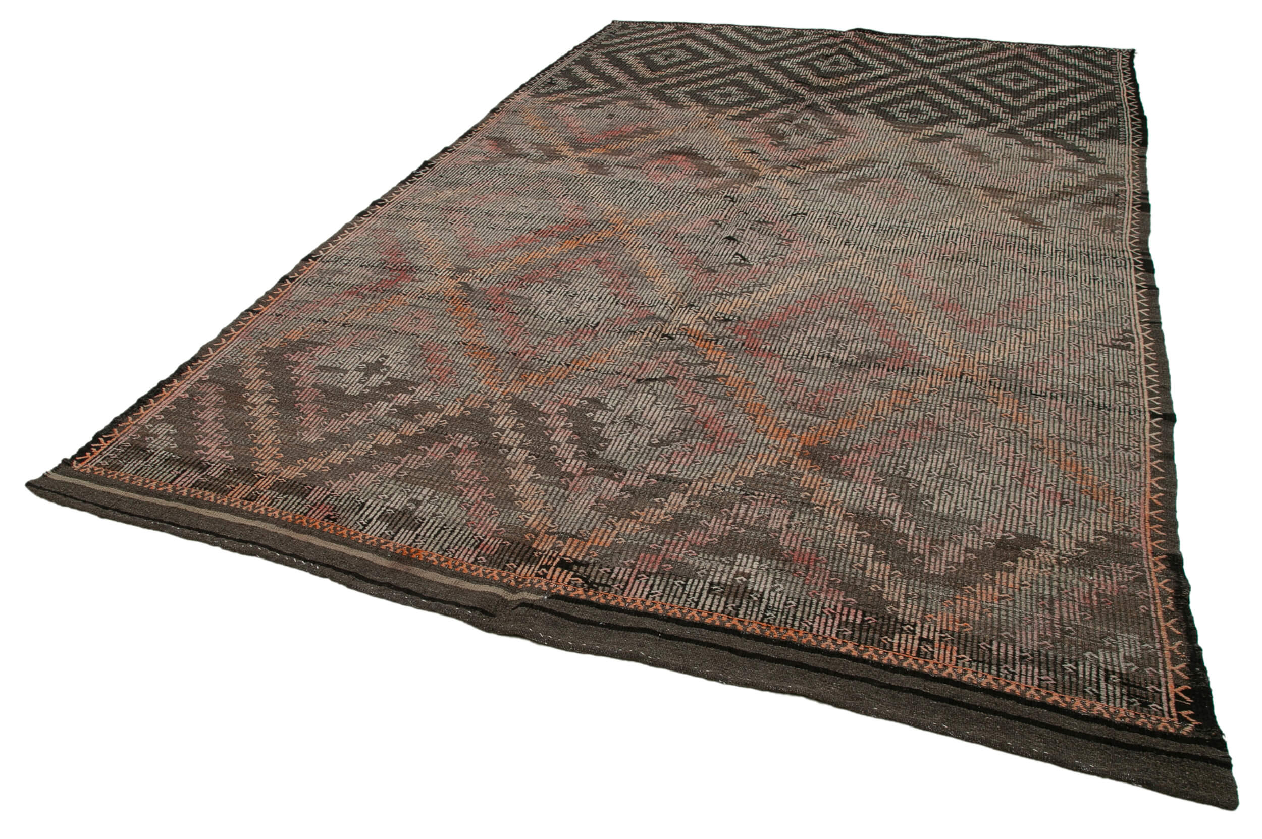 Handmade Geometric Rug - Kilim Area Rug Brown Goat Hair Carpet 7'7''x12'