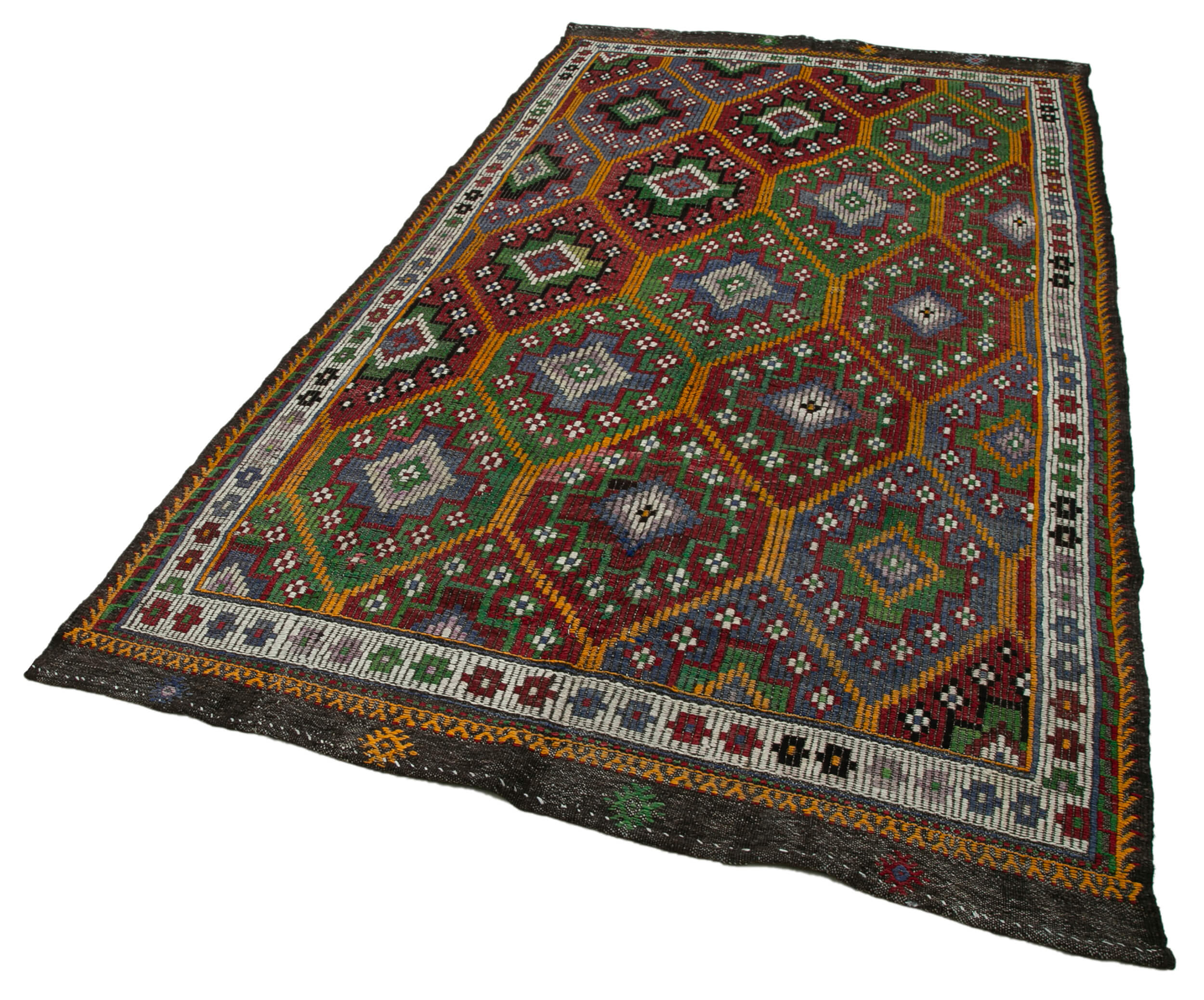 Handmade Geometric Kilim Rug - White Goat Hair Turkish Wool Rug 5'4" x 9'10"