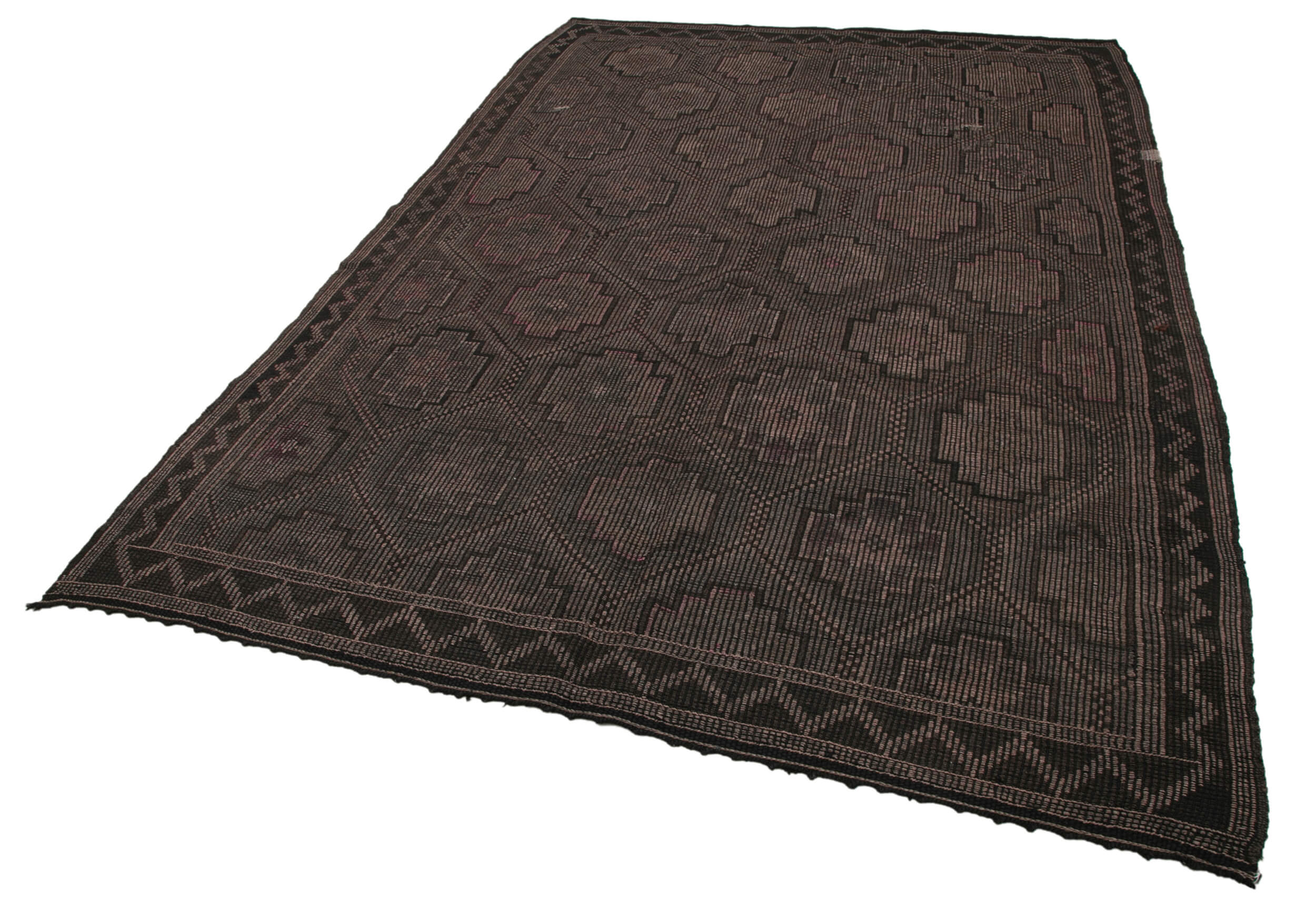 Handmade Kilim Rug - Geometric Area Rug with Brown Wool Carpet, Soft Wool Texture 6'4''x8'10''