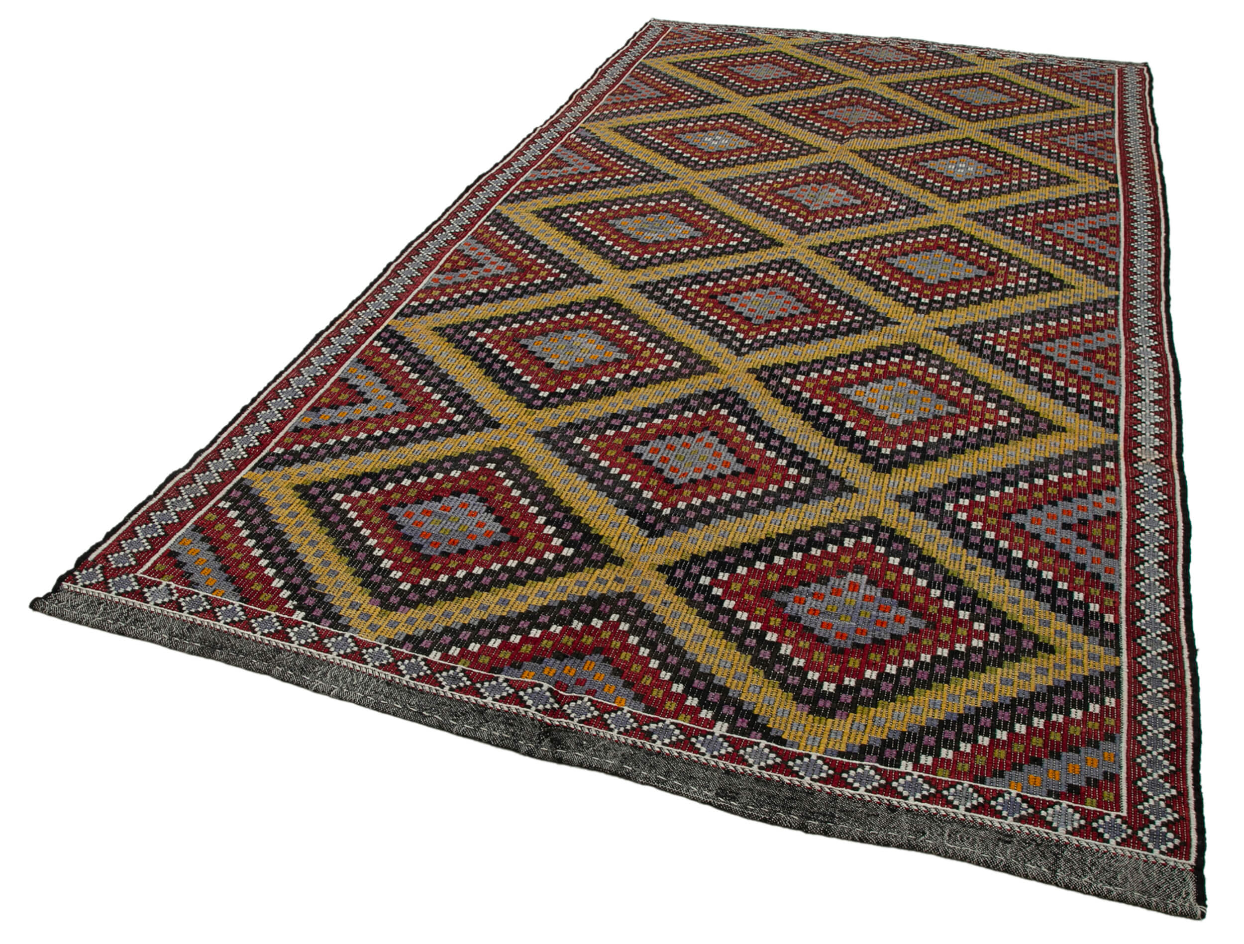 Handmade Geometric Kilim Rug – White Wool Cotton Carpet with Goat Hair, 6'1''x11'7''