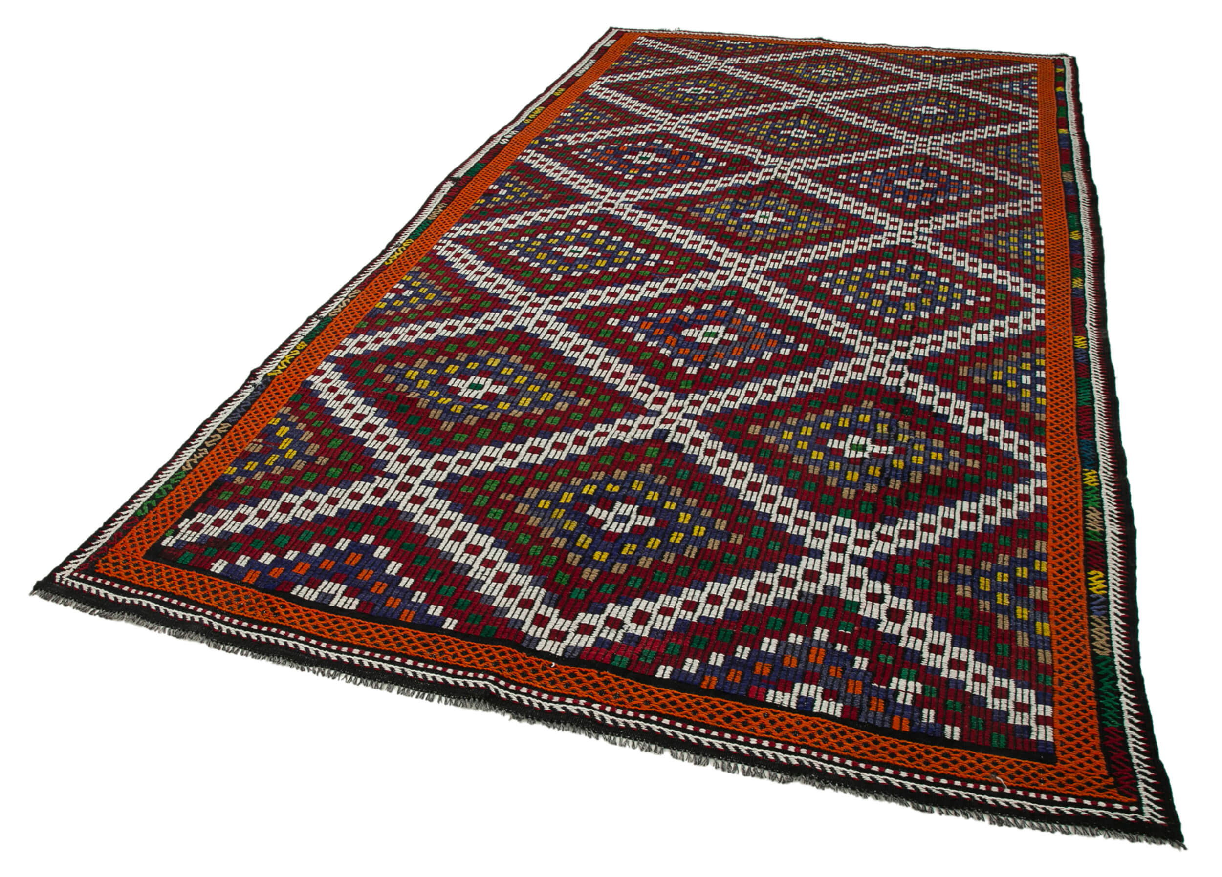 Handmade Geometric Kilim Rug - White Goat Hair Vintage Area Rug 6'3''x12'1''