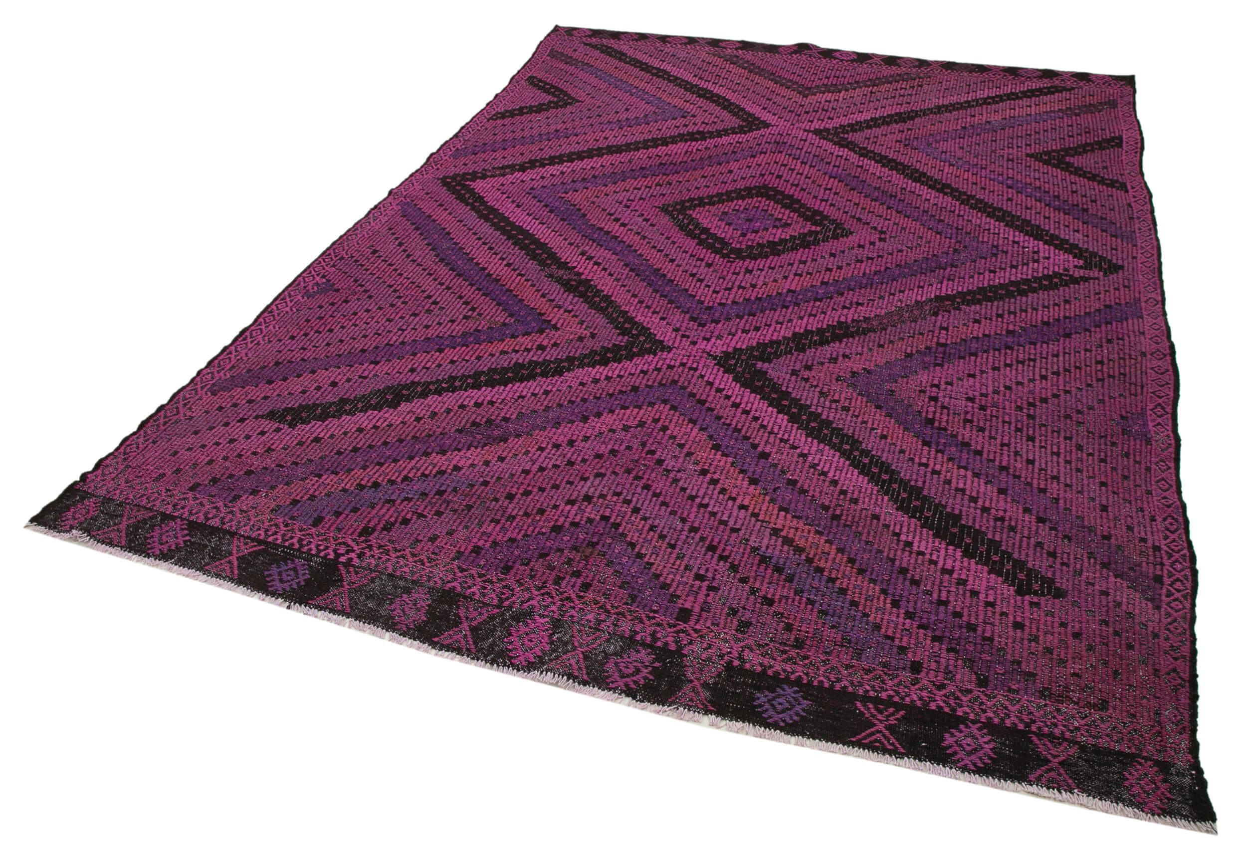Handmade Geometric Kilim Rug - Pink Goat Hair Rug 6'8'' x 9'5'' Flat Weave