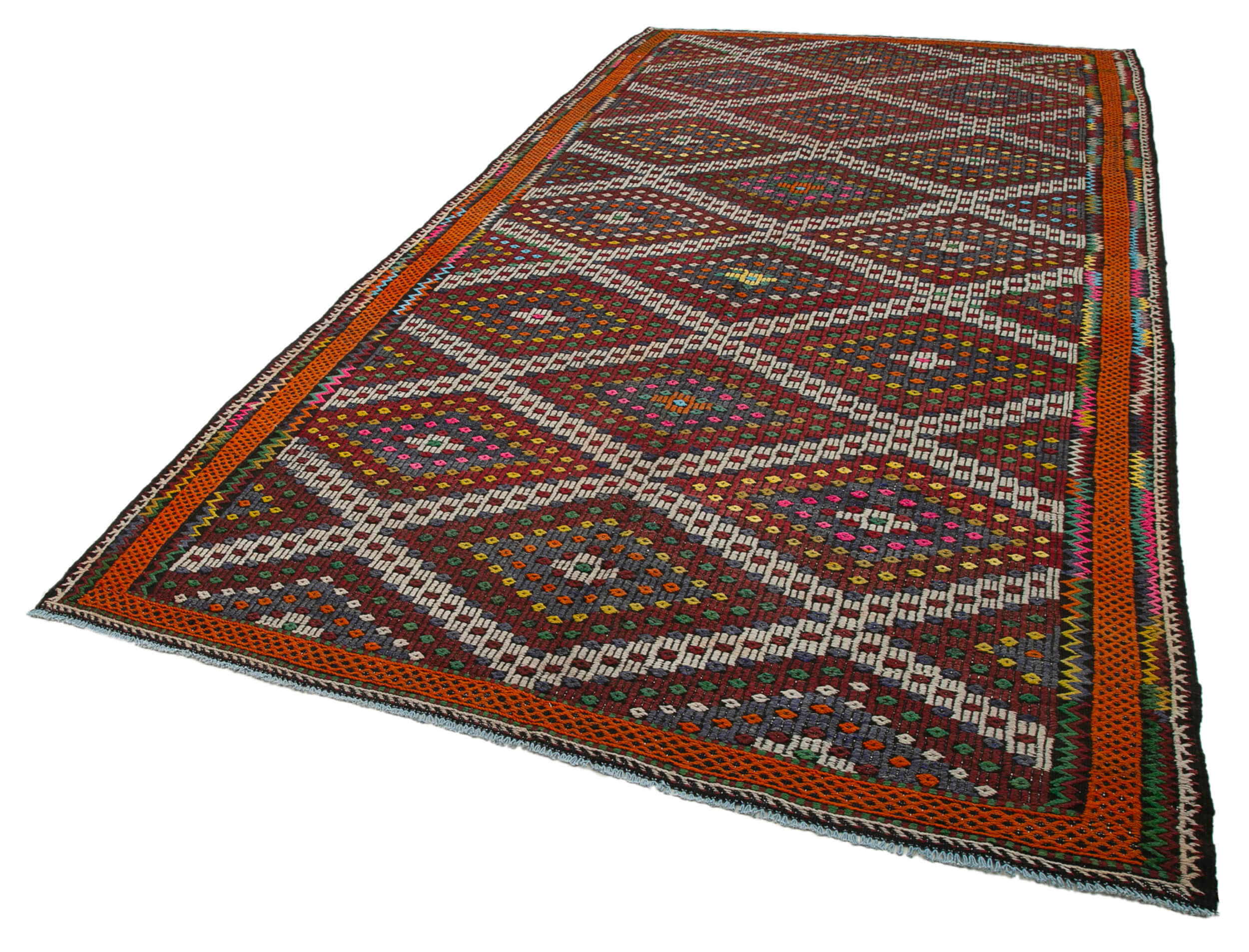 Handmade Geometric Kilim Rug | Vintage Wool Area Rug with White Goat Hair Carpet