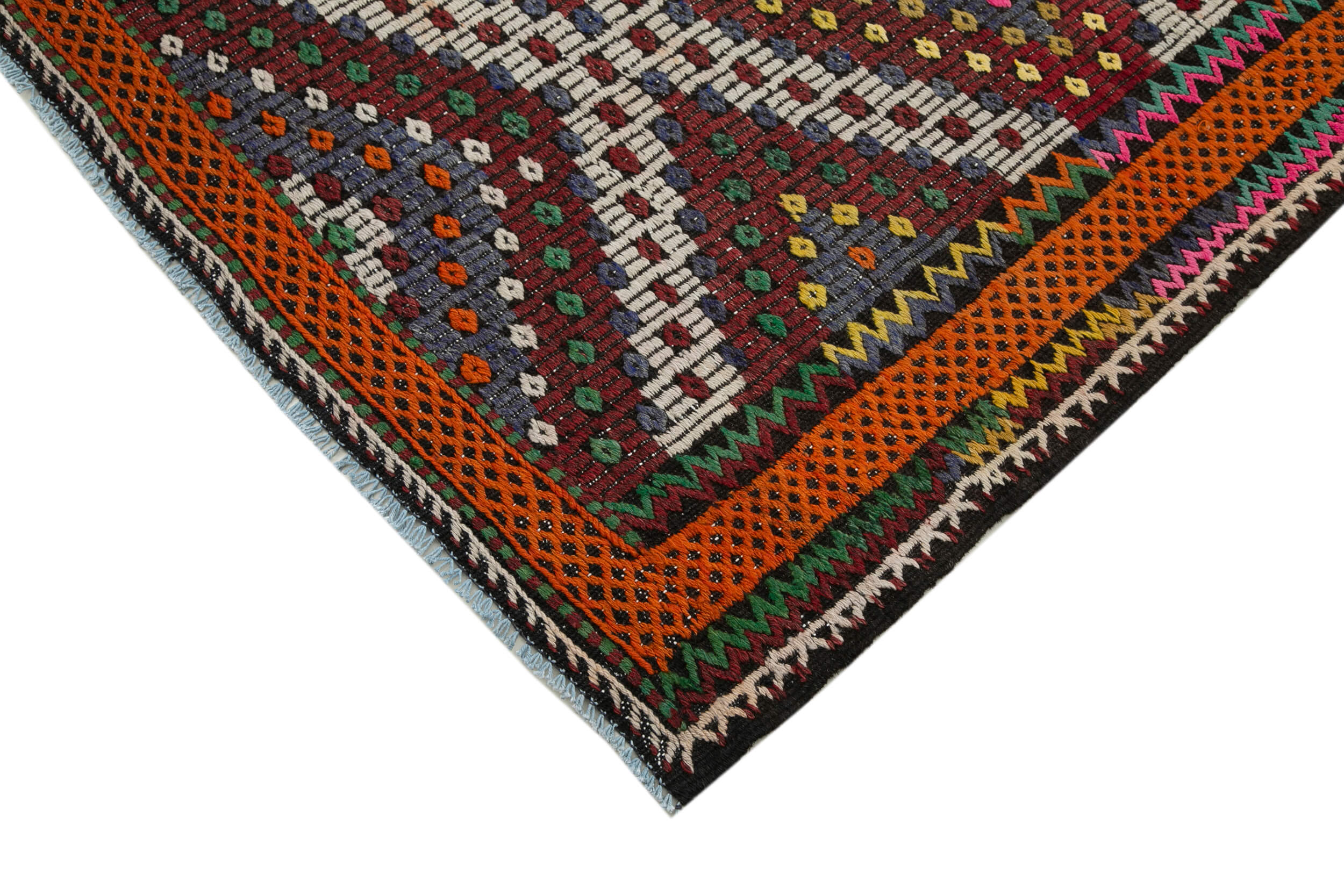 Handmade Geometric Kilim Rug | Vintage Wool Area Rug with White Goat Hair Carpet