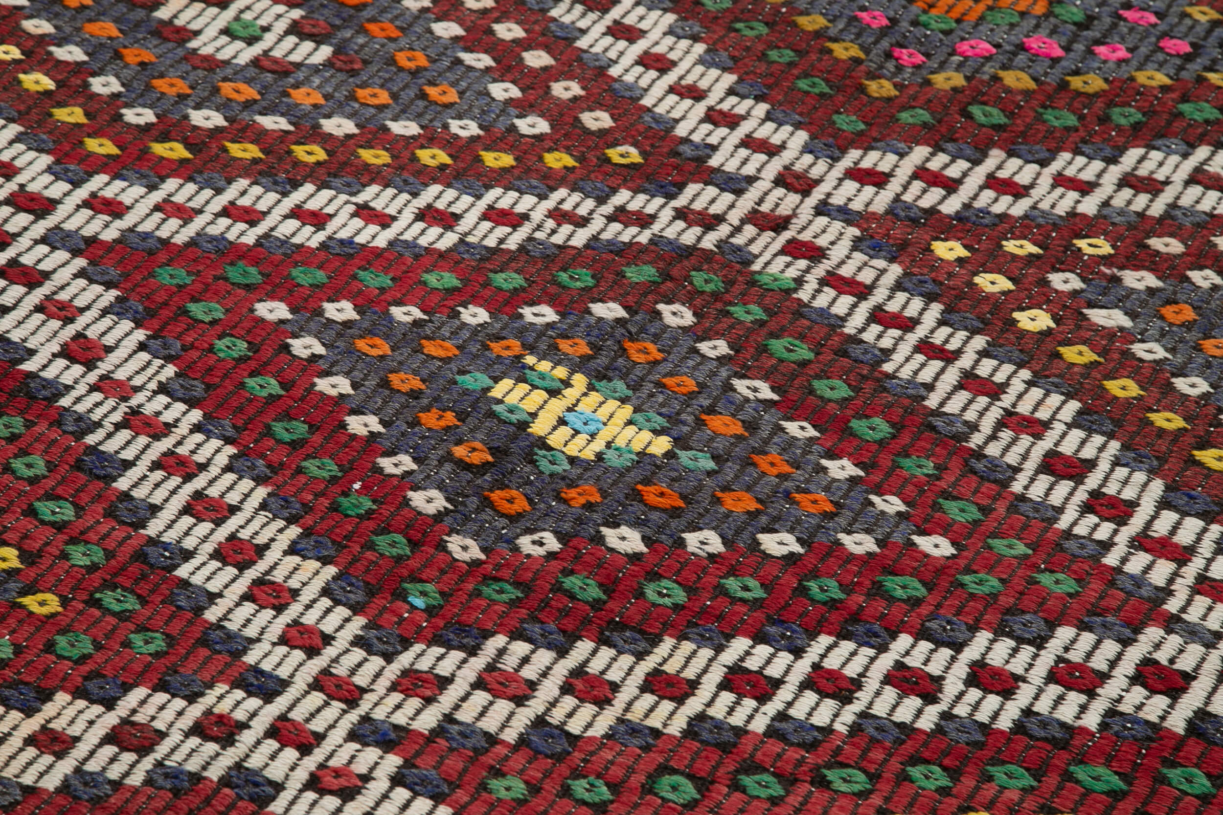 Handmade Geometric Kilim Rug | Vintage Wool Area Rug with White Goat Hair Carpet