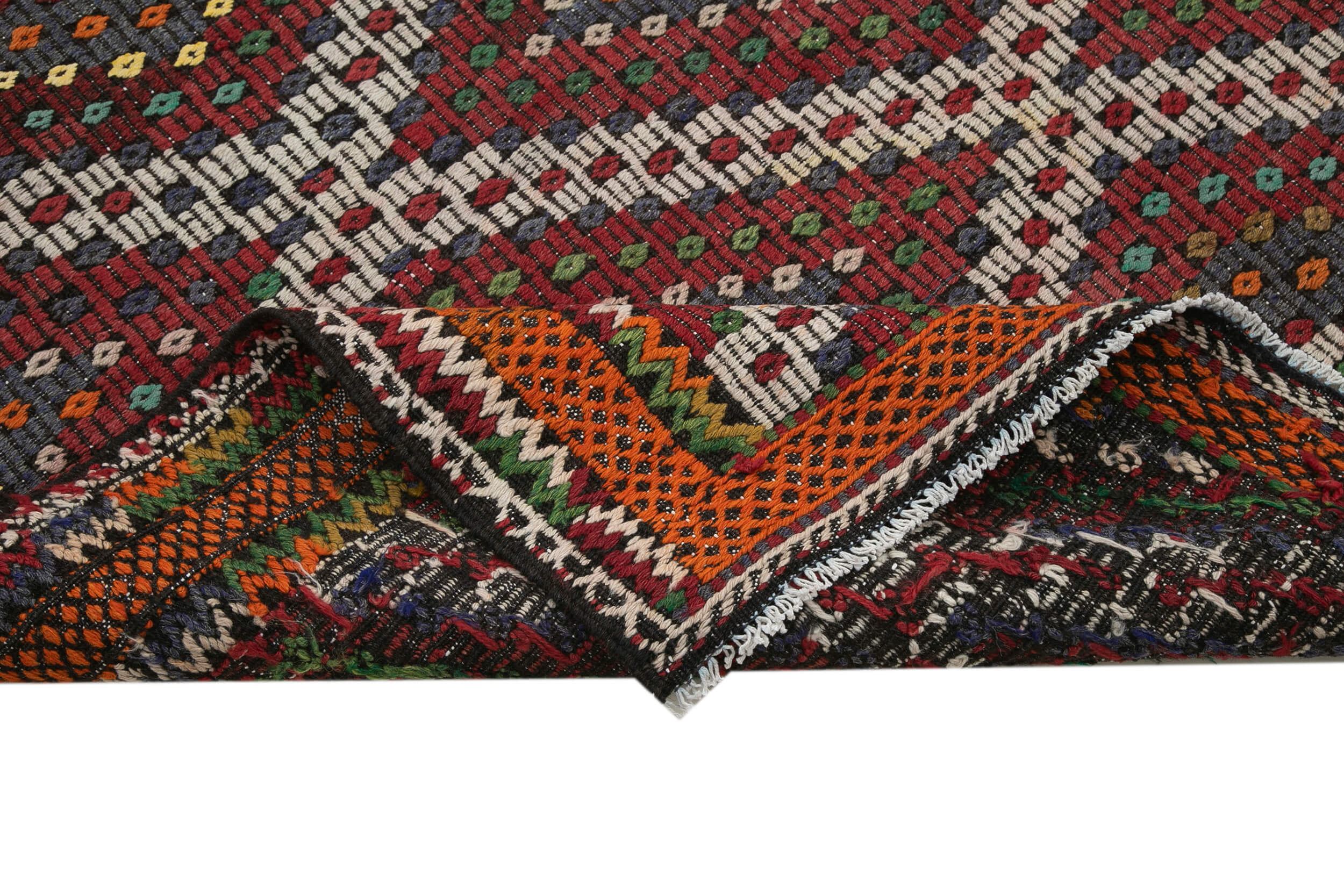 Handmade Geometric Kilim Rug | Vintage Wool Area Rug with White Goat Hair Carpet
