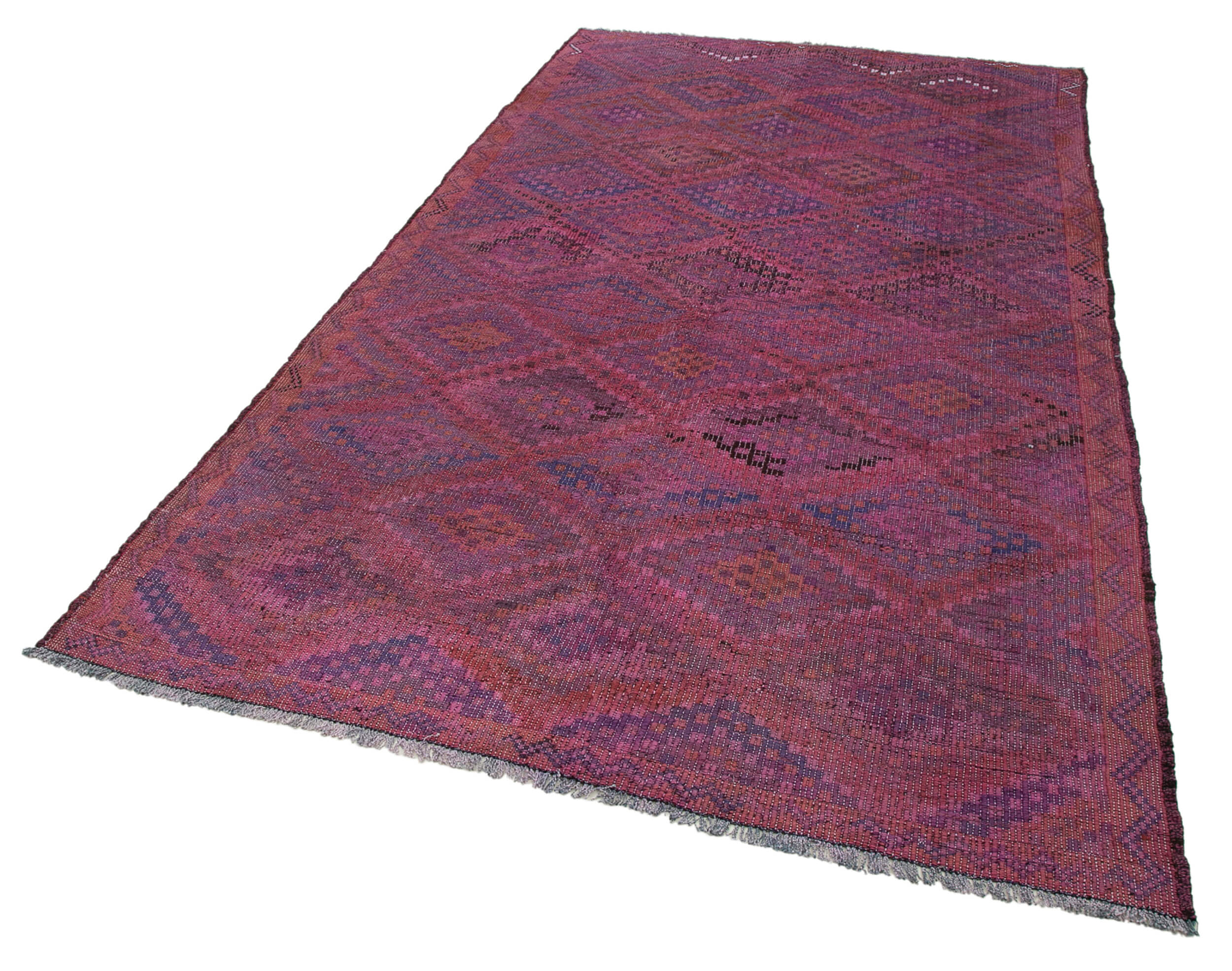 Handmade Geometric Kilim Rug - Pink Goat Hair Wool Flat Weave Carpet 5'7''x9'6''