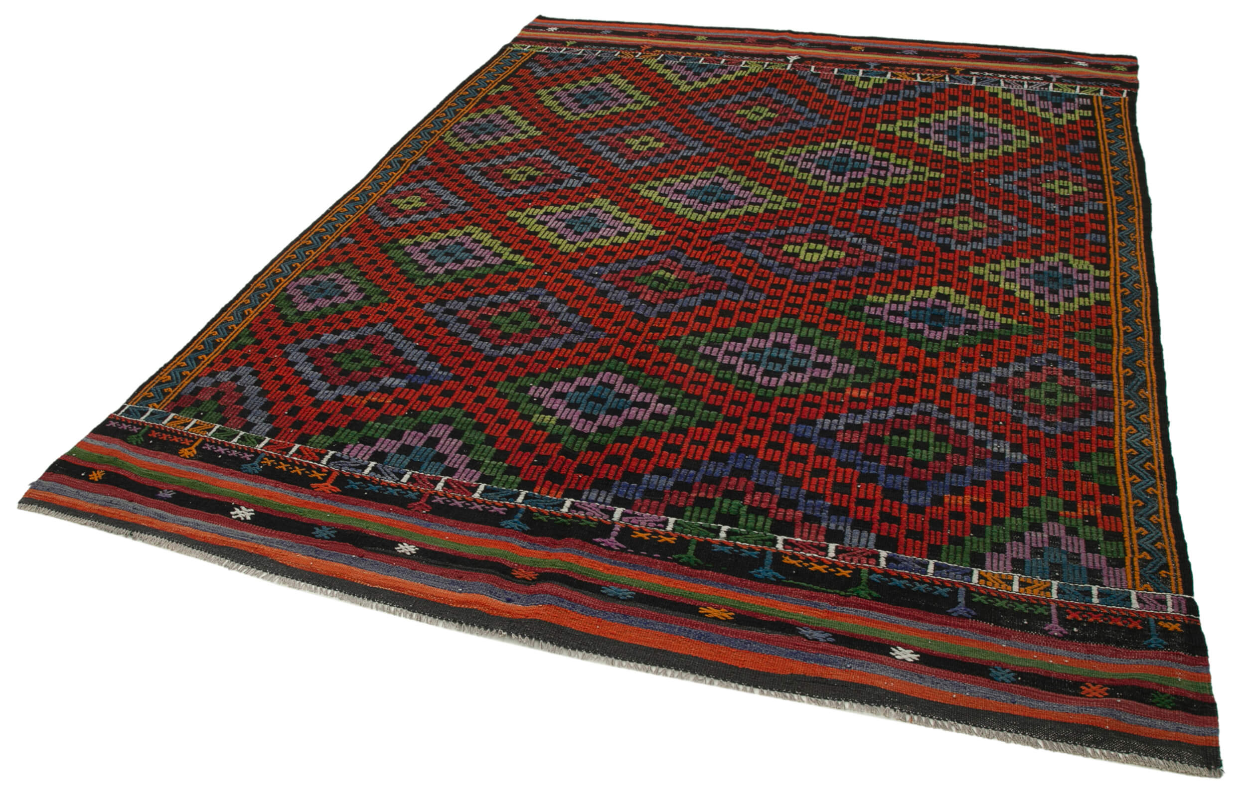 Handmade Kilim Rug - White Goat Hair Geometric Area Rug 6'11" x 8'10" Durable Wool Carpet