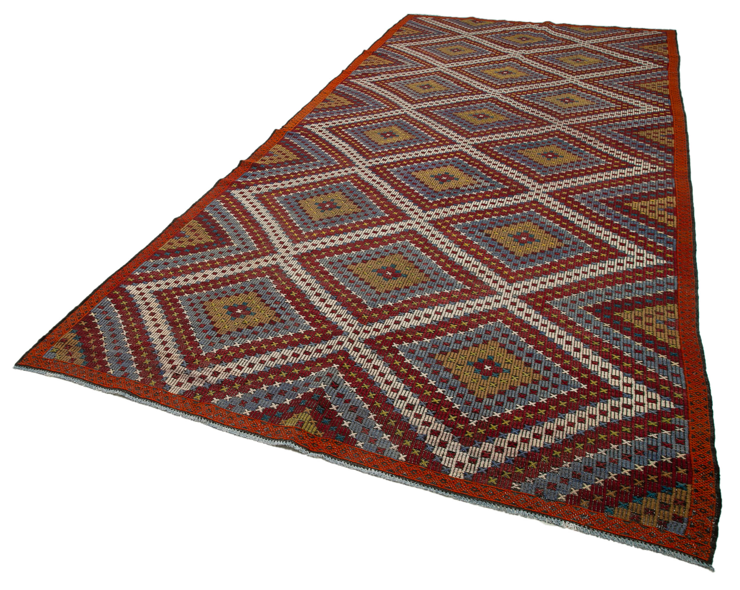 Handmade Kilim Rug – White Geometric Area Rug with Goat Hair Carpet 6'7'' x 14'2''