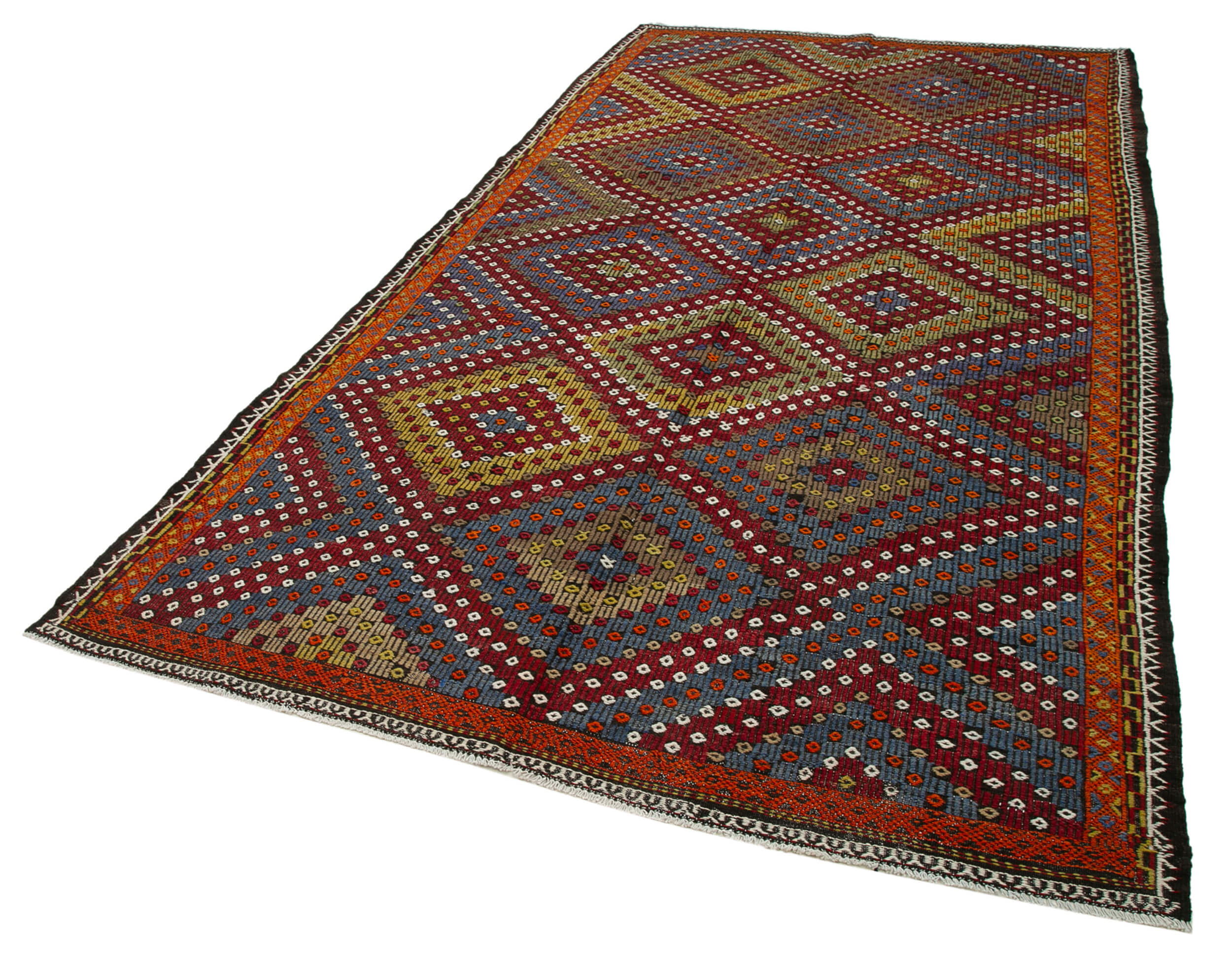 Handmade Kilim Rug – Geometric Turkish Vintage Carpet with White Goat Hair 5'11''x11'4''
