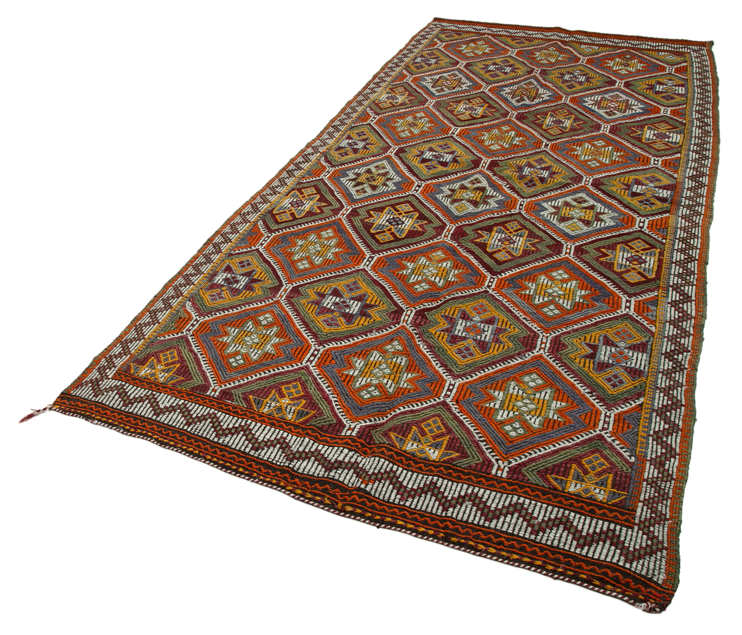 Handmade Geometric Kilim Rug – Turkish Hand Knotted Carpet 4'10''x10'6'' Wool & Goat Hair